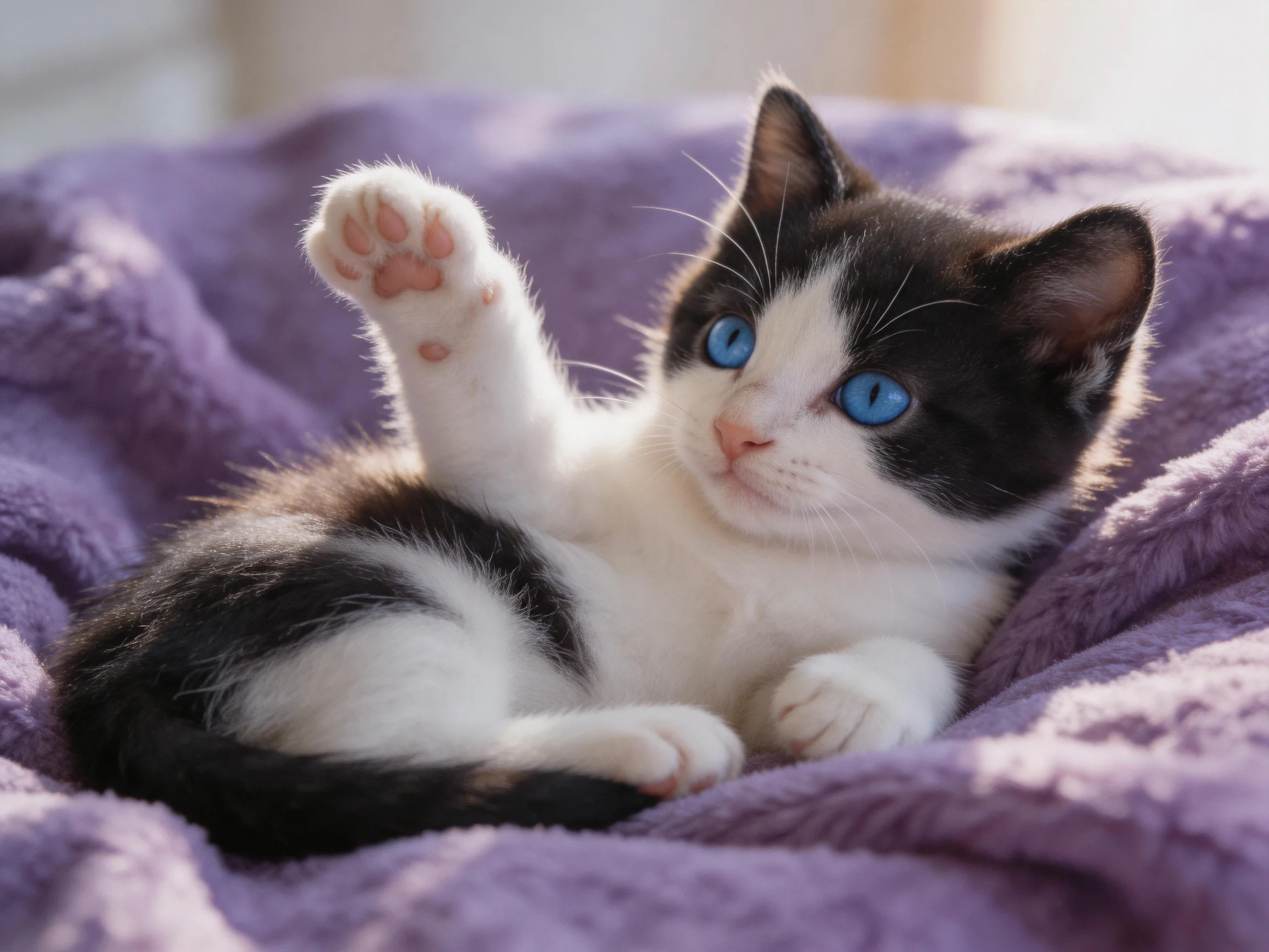 A black - and - white kitten with blue eyes relaxes on a purple blanket