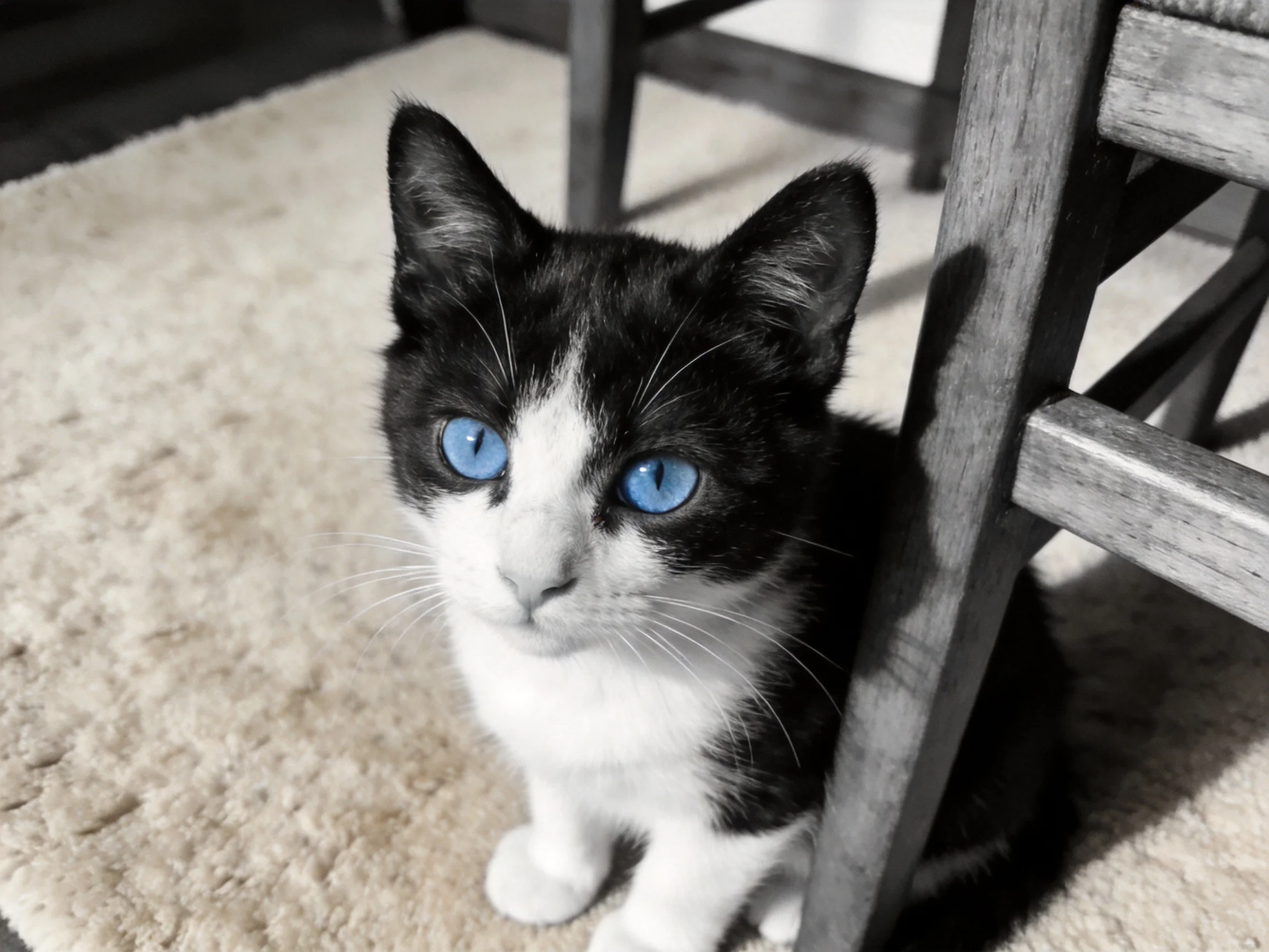 A black - and - white kitten with bright blue eyes sits near wooden furniture.