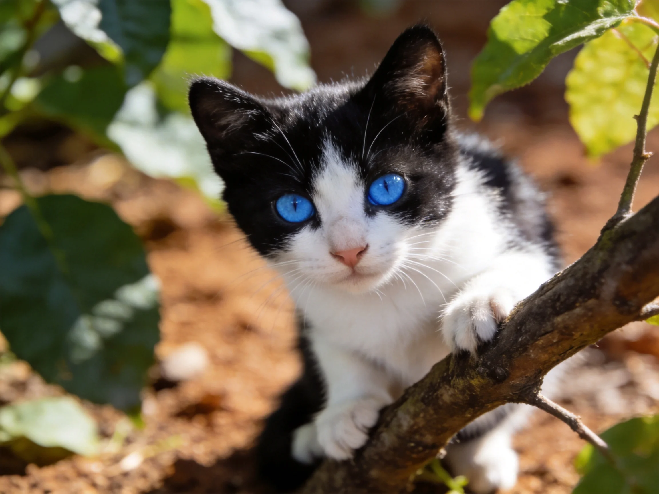 A black - and - white kitten with blue eyes sits on an outdoor tree branch.