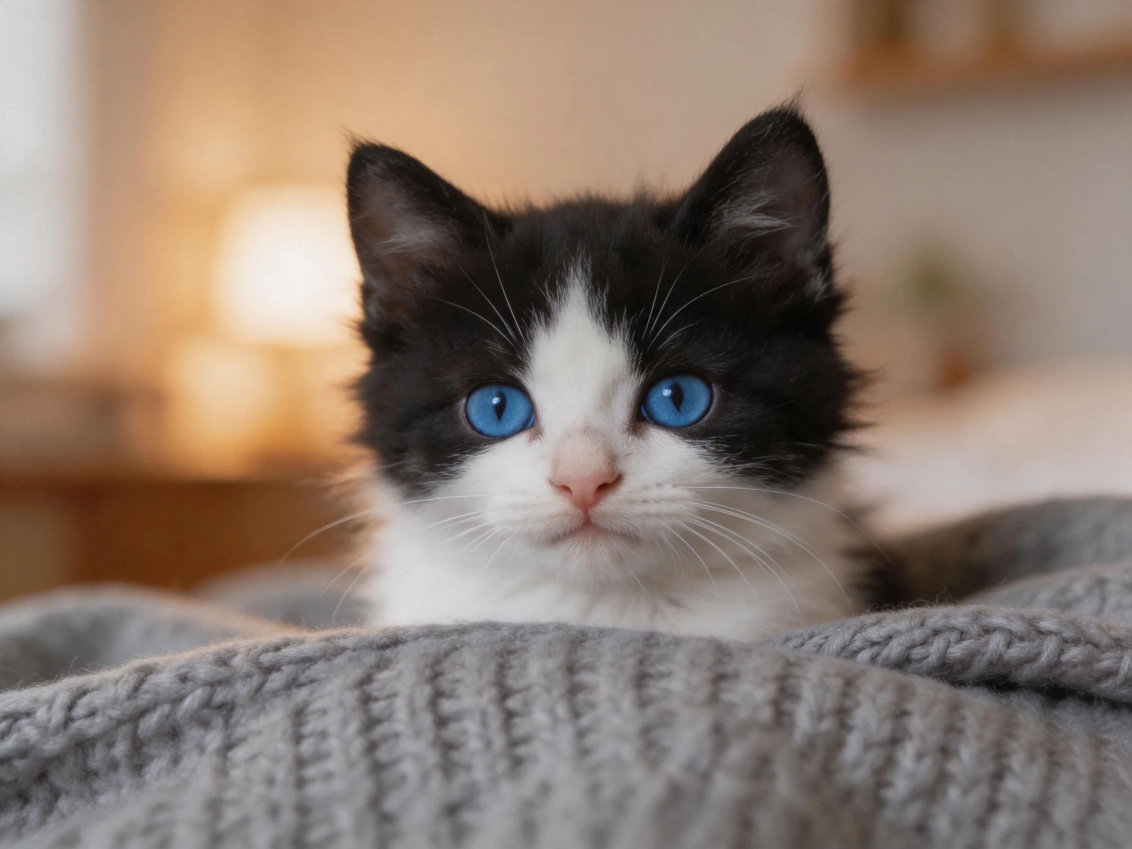 A black - and - white kitten with vivid blue eyes lies on a soft gray blanket in a warmly lit space.
