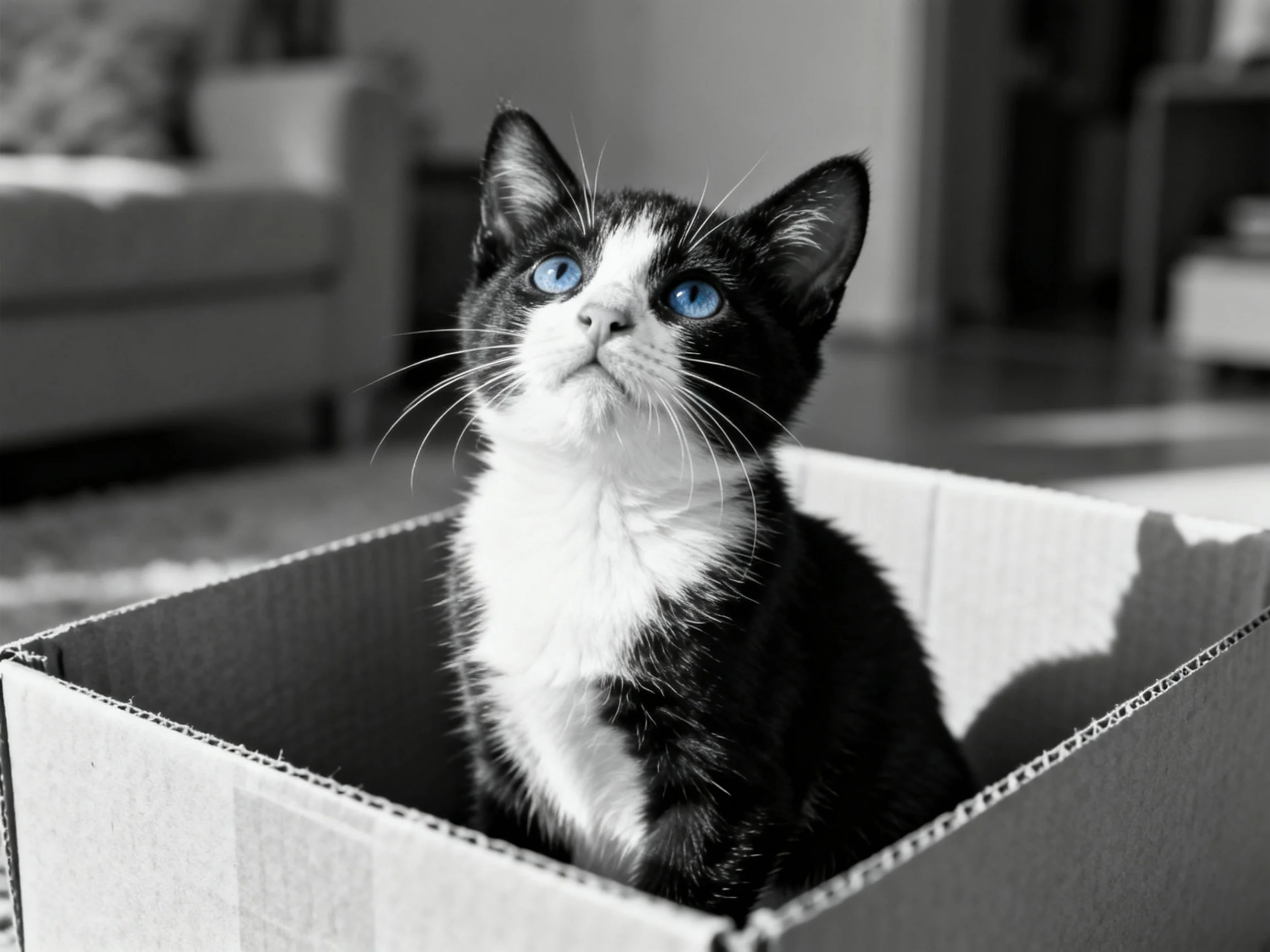 A black - and - white kitten with striking blue eyes rests inside a cardboard box.