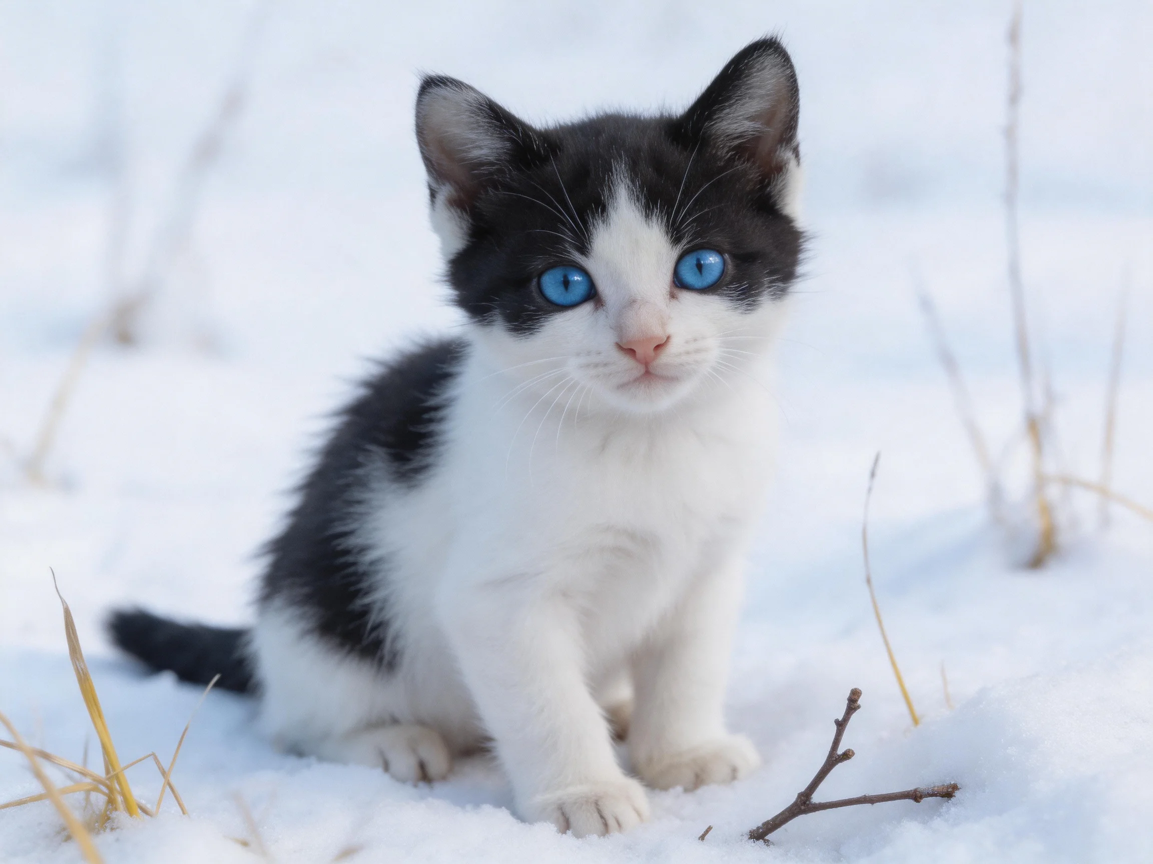 A black - and - white kitten with blue eyes sits calmly in the snow.
