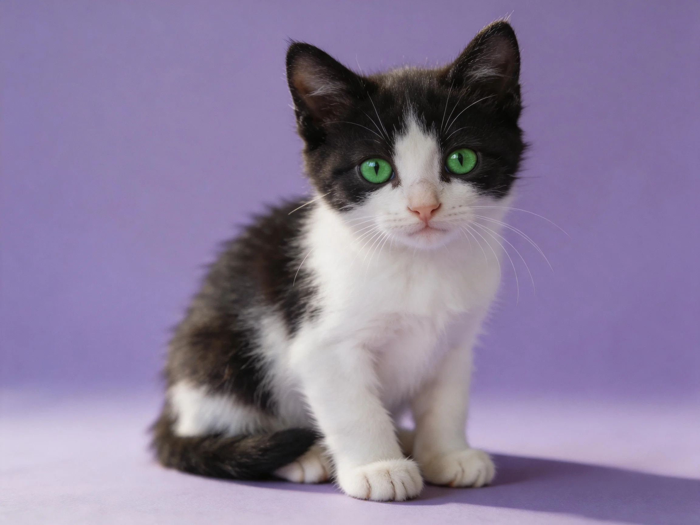 A black - and - white kitten with green eyes sits calmly on a purple surface.