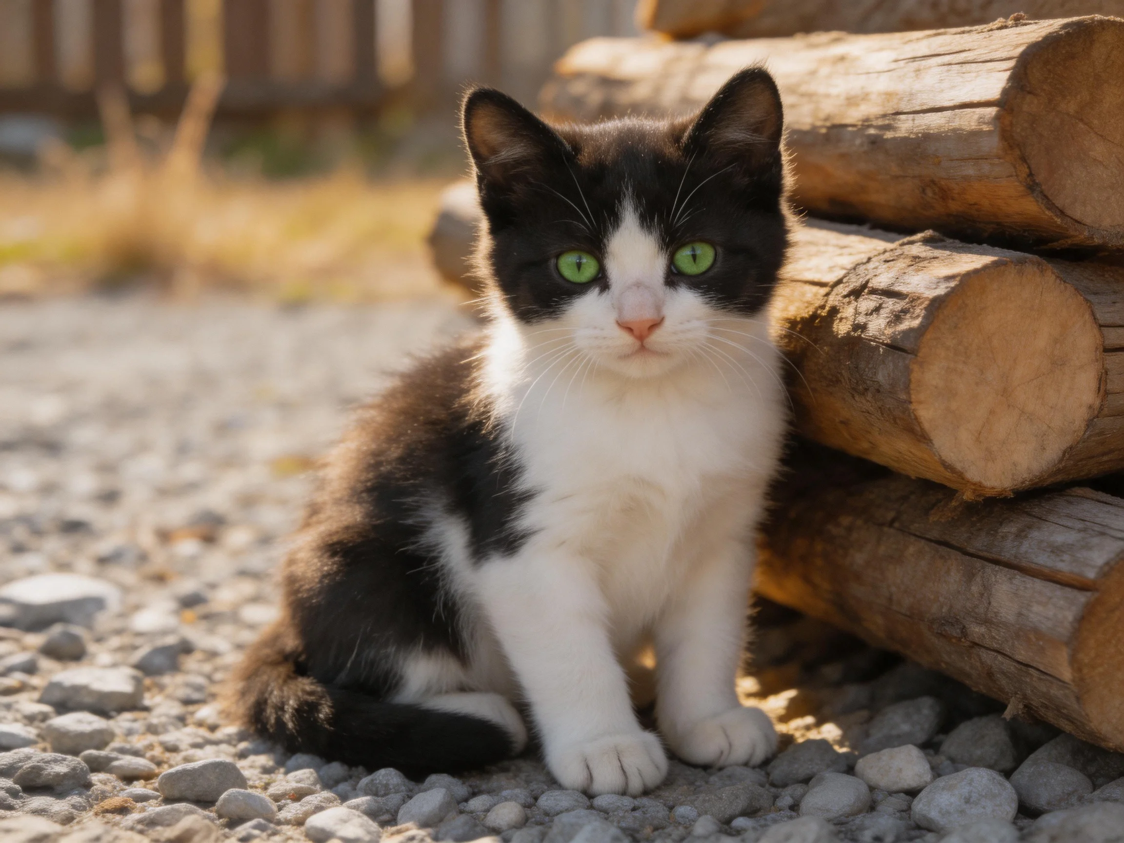 A black - and - white kitten with green eyes rests beside stacked wooden logs.