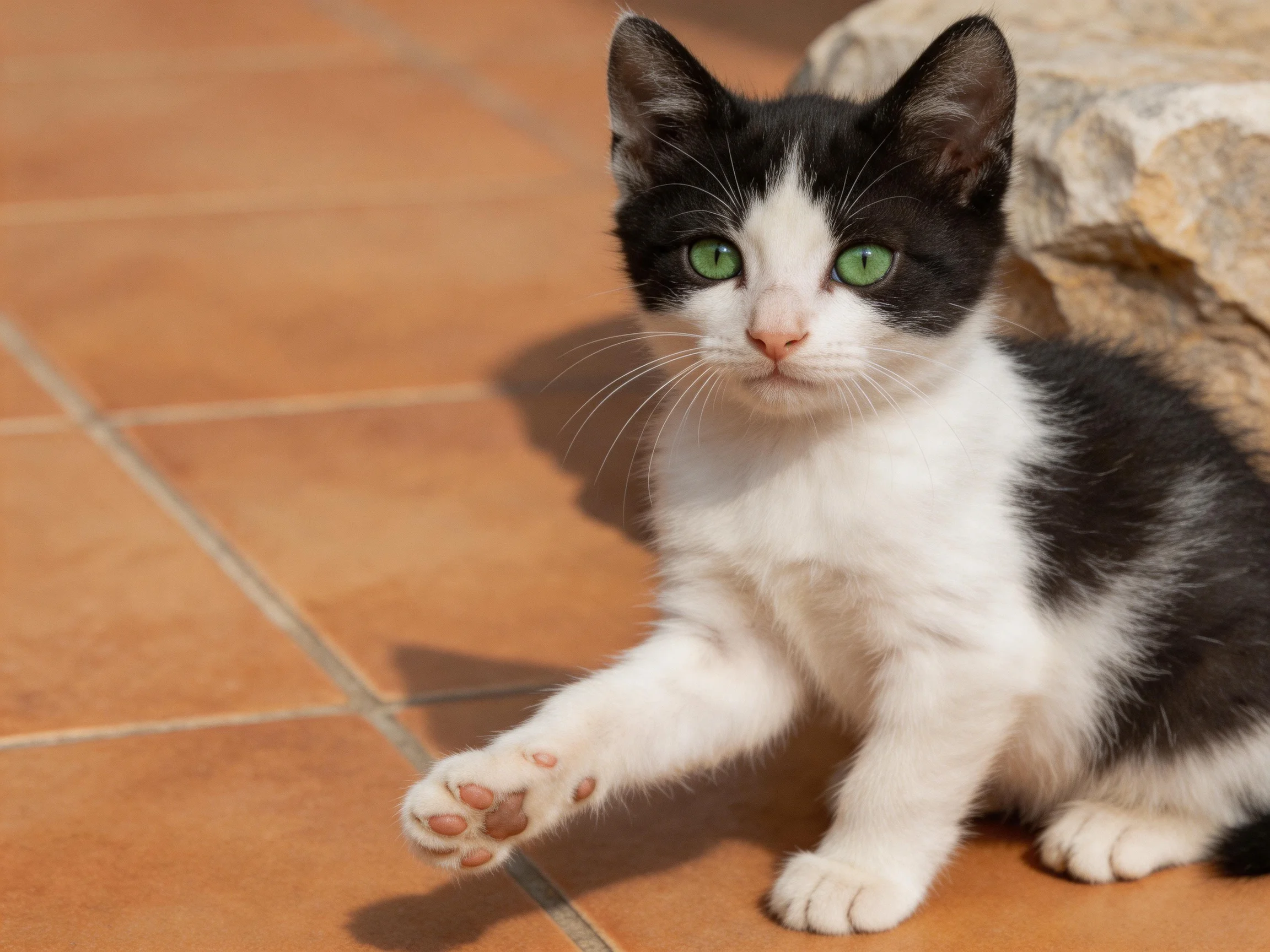 A black - and - white kitten with green eyes rests on a terracotta tile surface near a stone structure.
