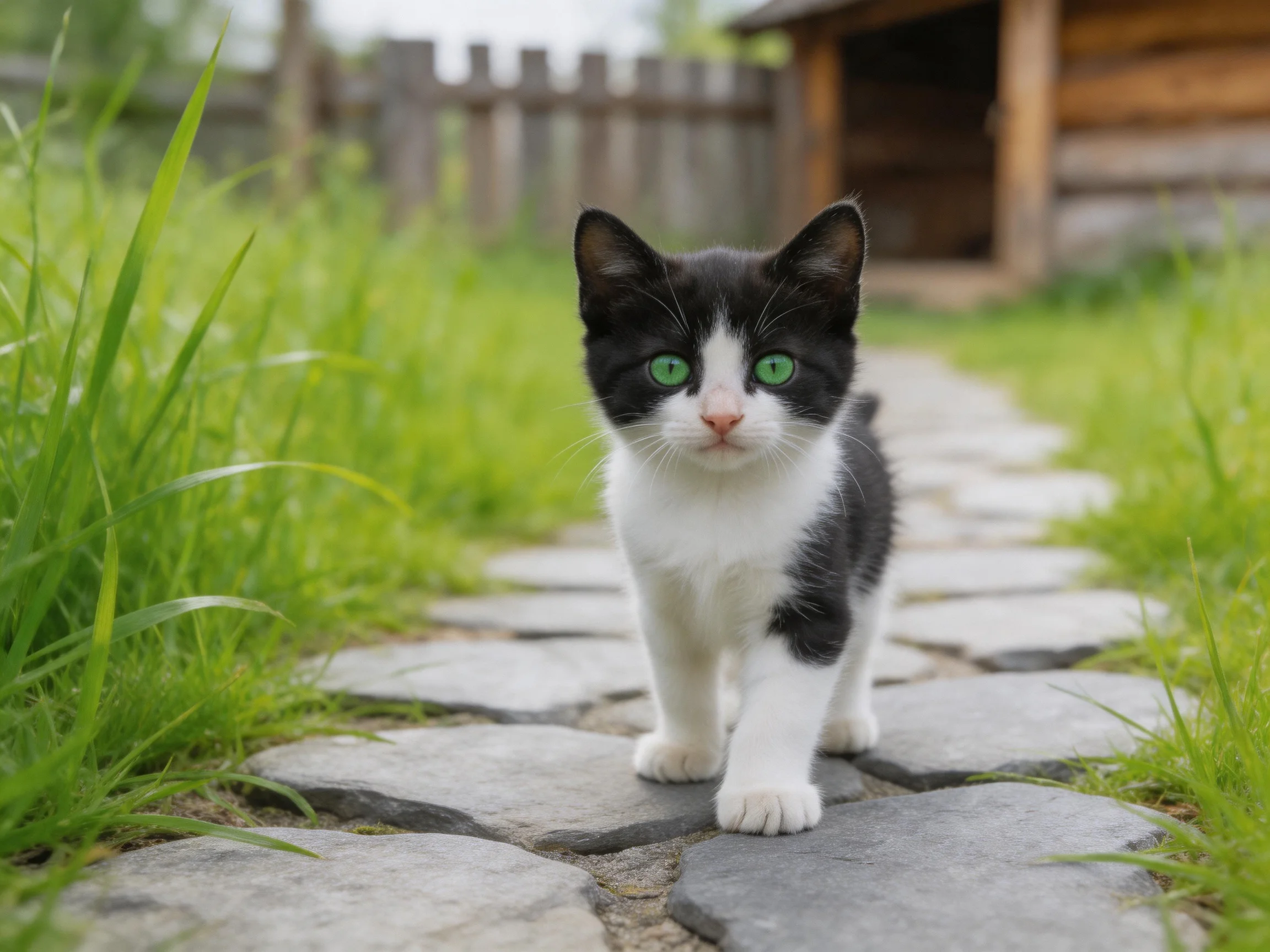 A black - and - white kitten with green eyes walks on a stone path surrounded by grass.