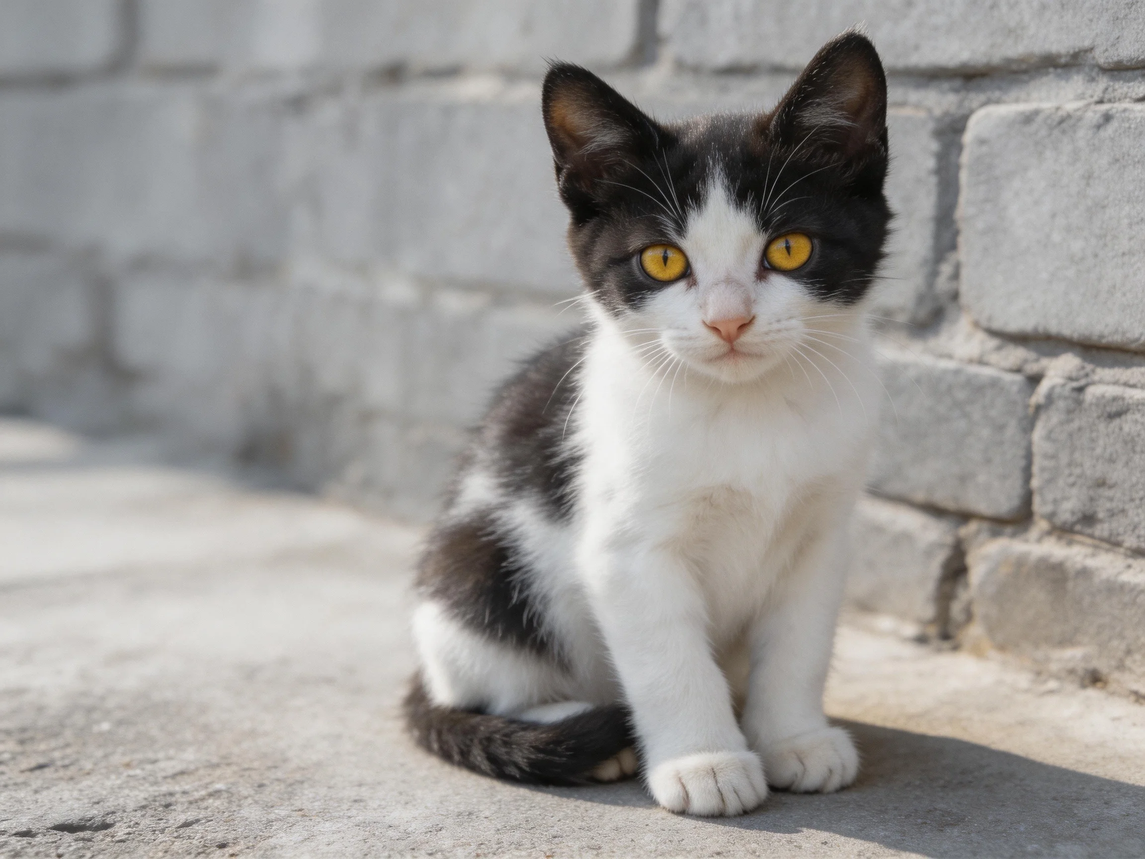 A black - and - white kitten with yellow eyes sits by a gray brick wall.