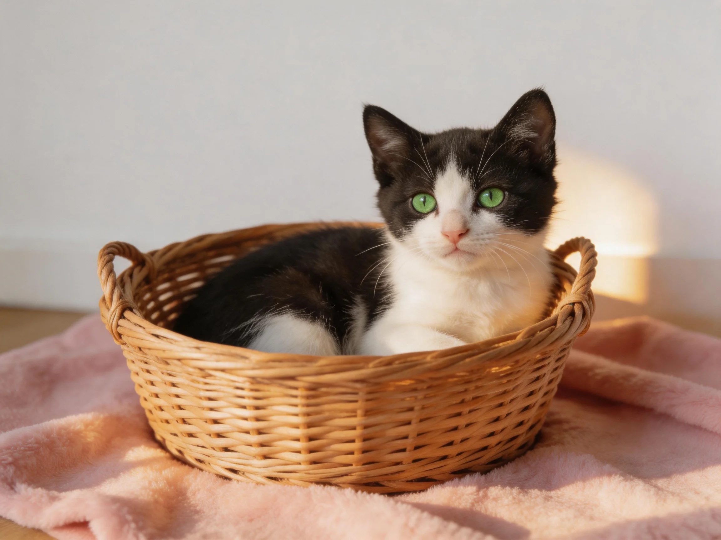 A black - and - white kitten with green eyes sits inside a wicker basket.