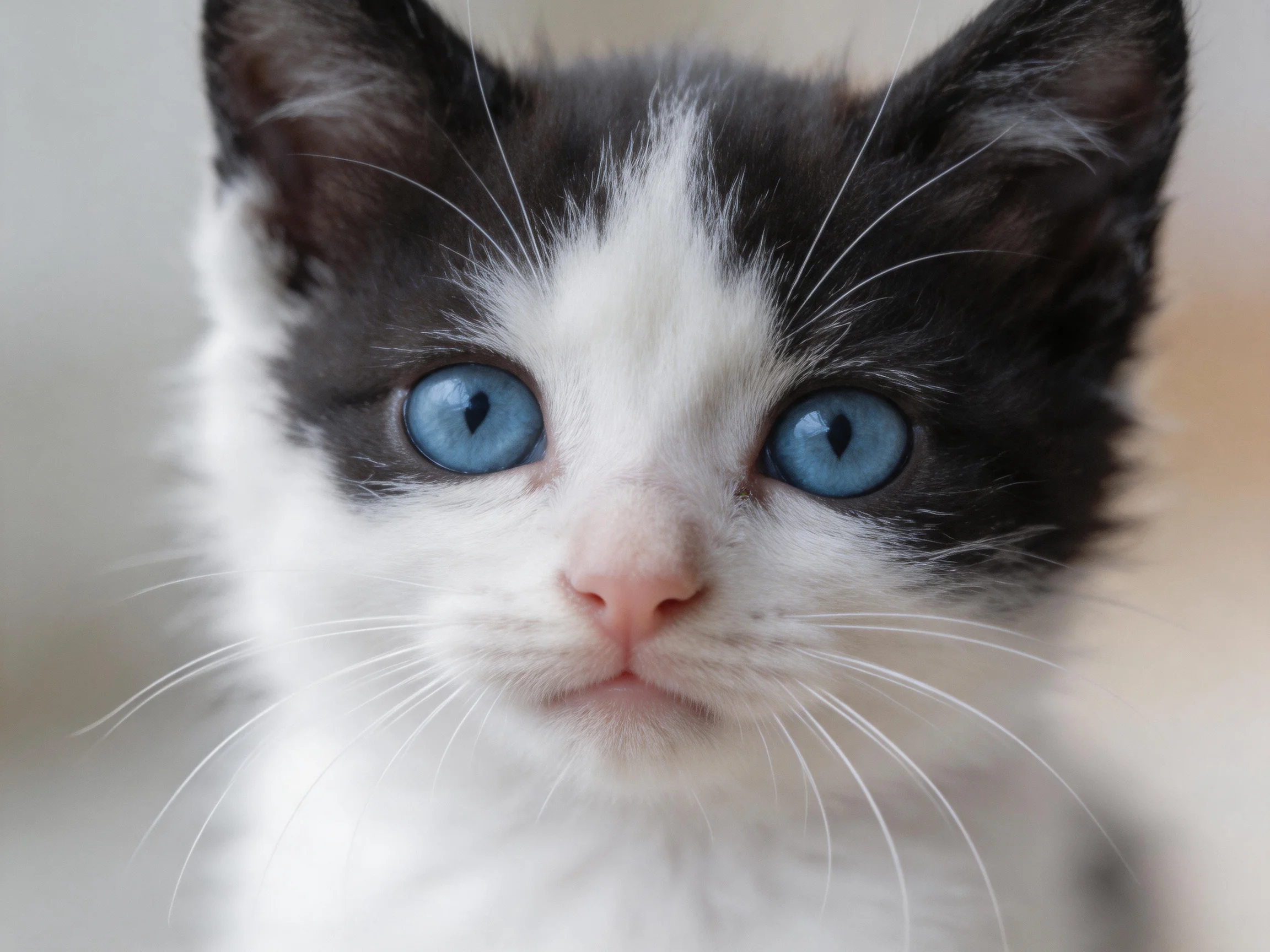 A black - and - white kitten with blue eyes looks directly at the viewer.