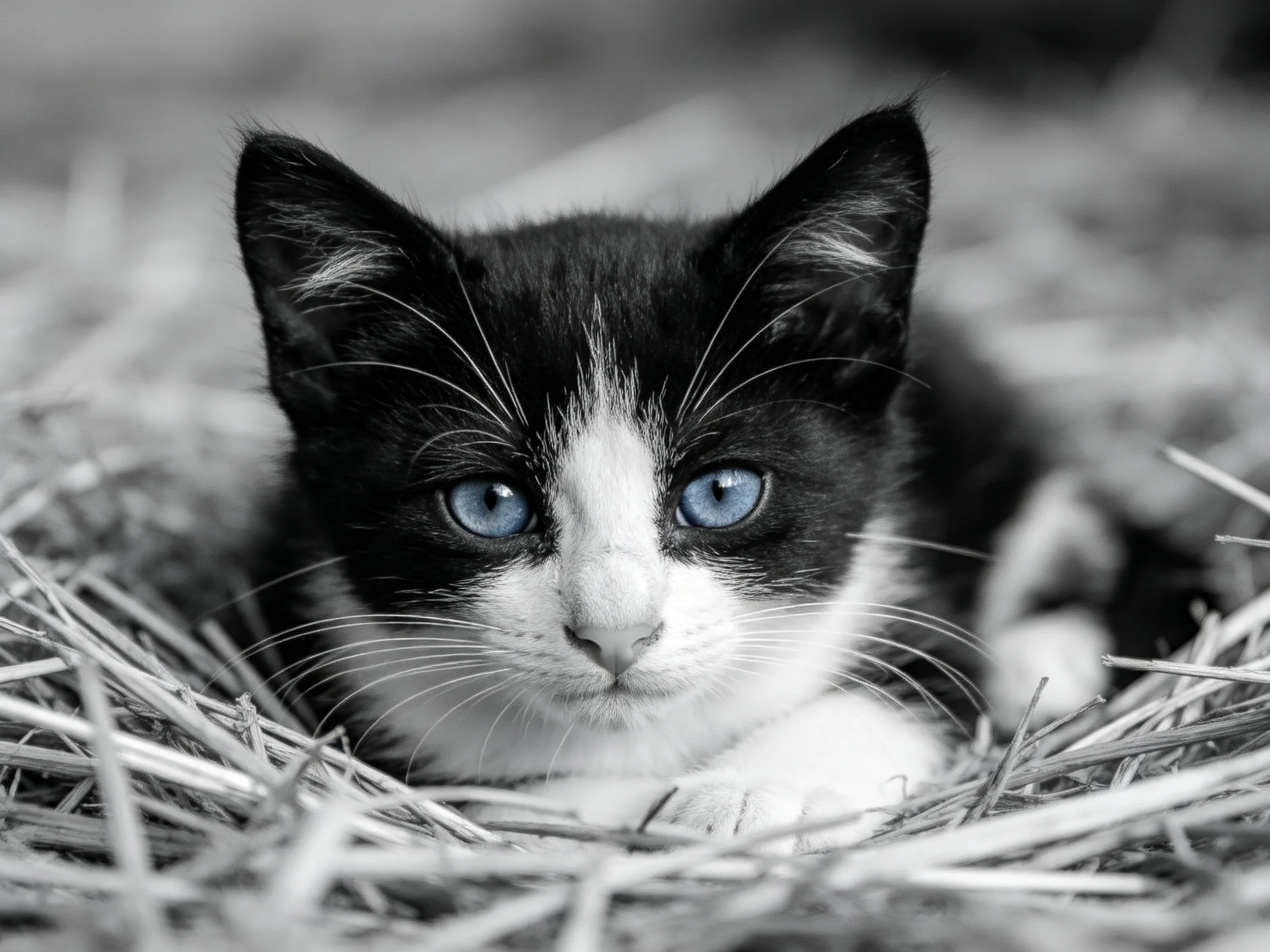 A black - and - white kitten with blue eyes rests in straw.