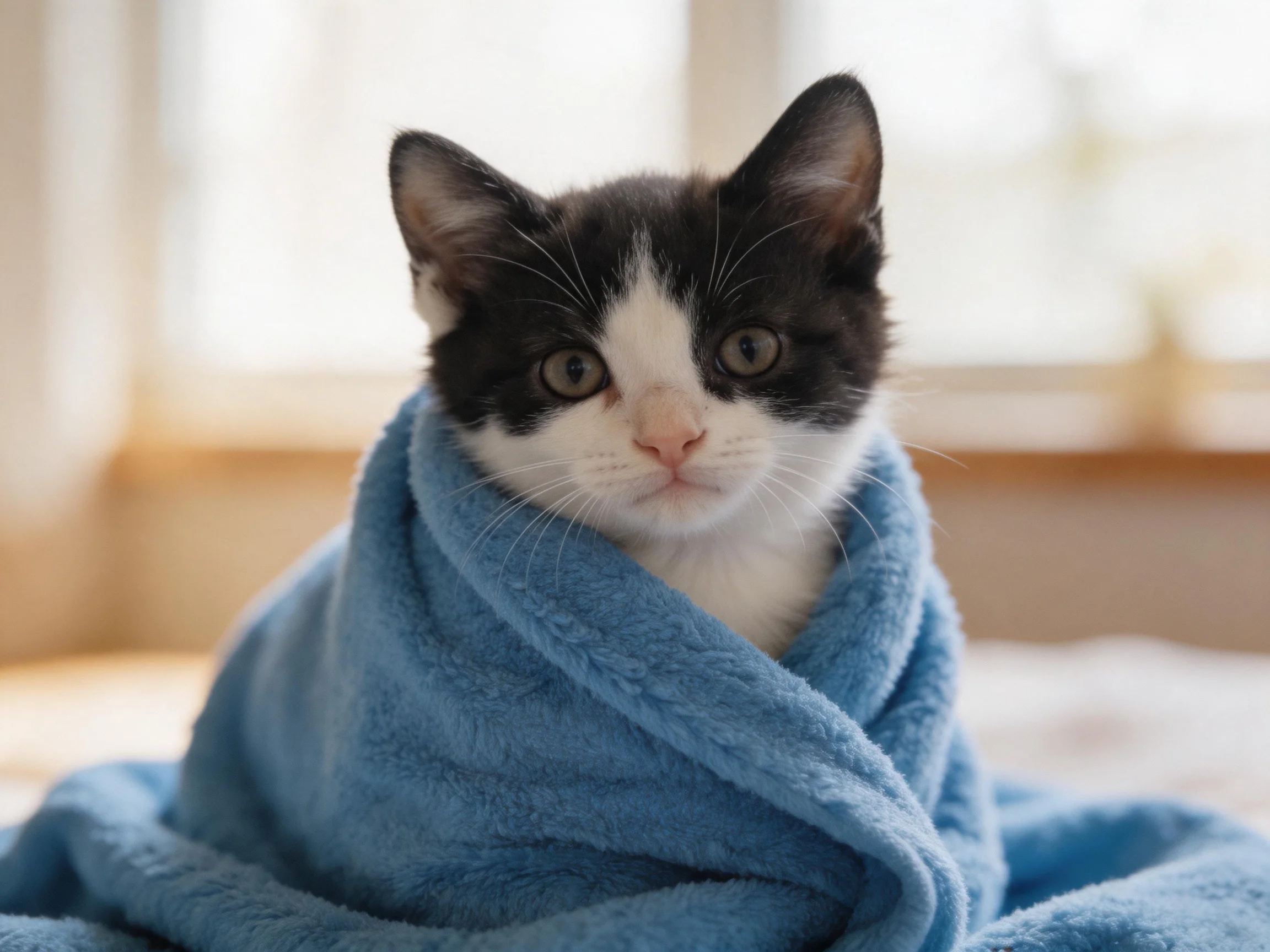 A black - and - white kitten wrapped insnugly in a bright blue towel
