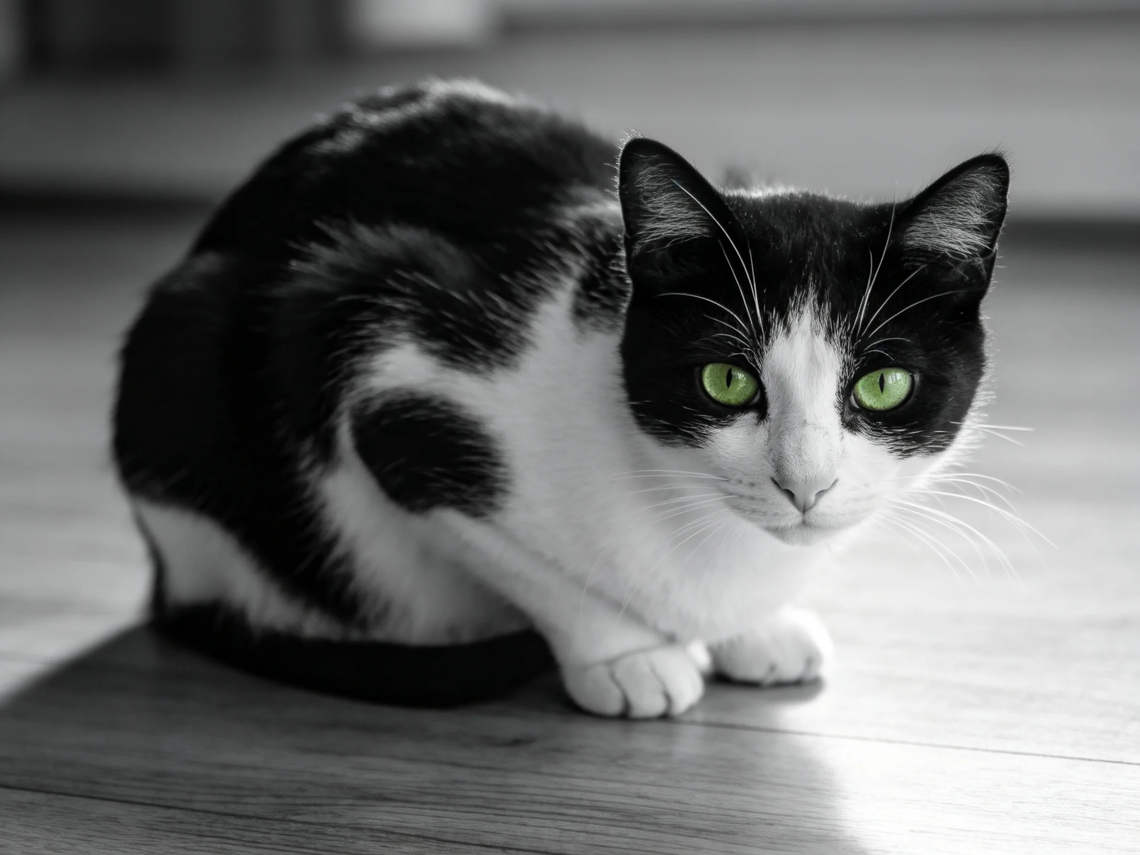 A black - and- white cat with bright green eyes sits on a wooden floor
