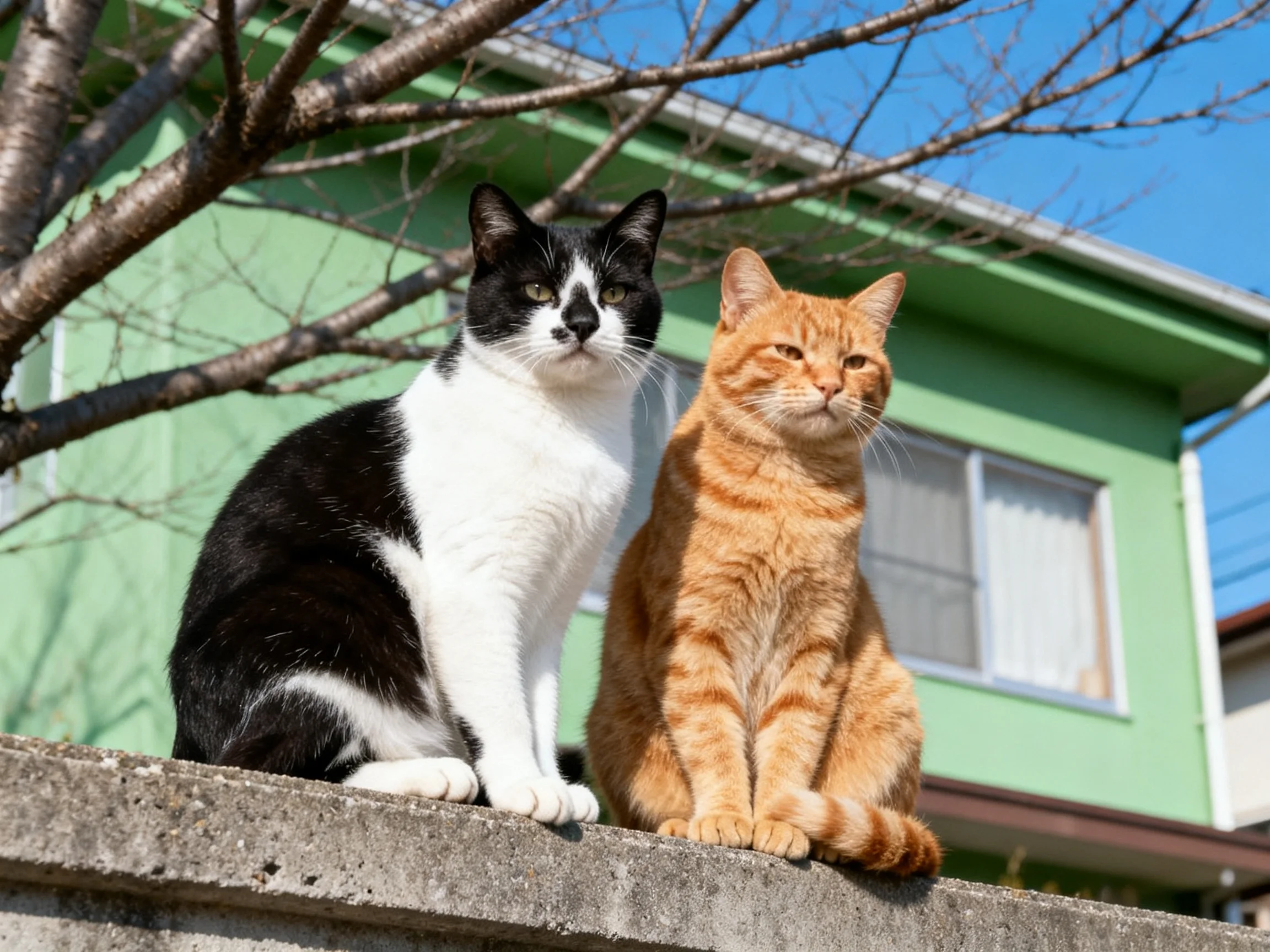 A black - white cat and an orange tabby sit on a concrete ledge near a green house