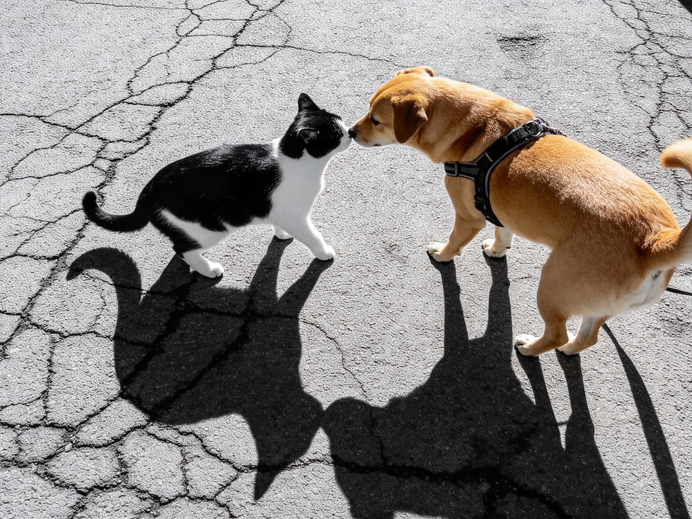 A black - white cat and tan dog share an intimate moment on cracked pavement.