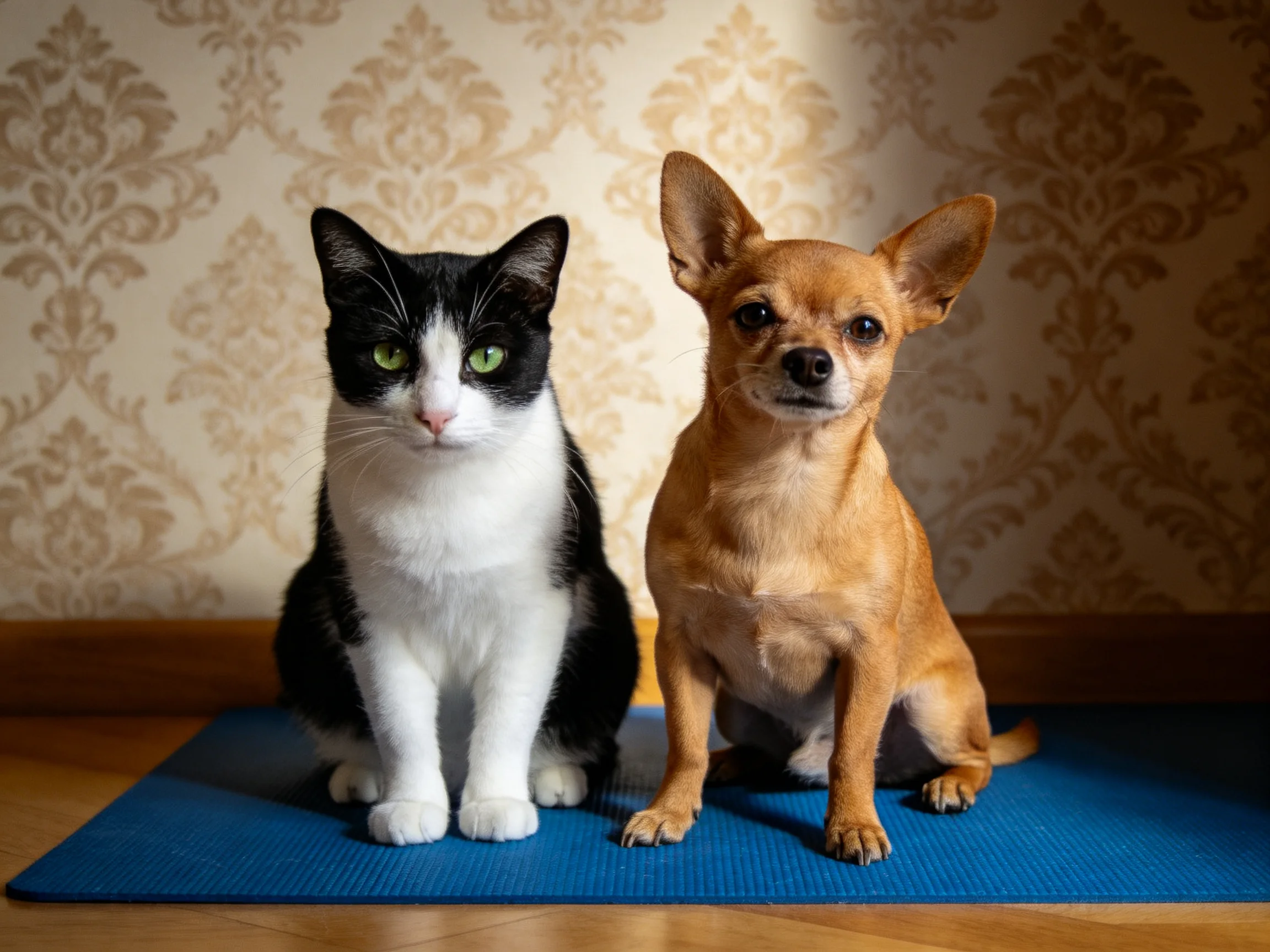 A black - white cat and tan dog sit calmly on a blue mat near patterned wallpaper.