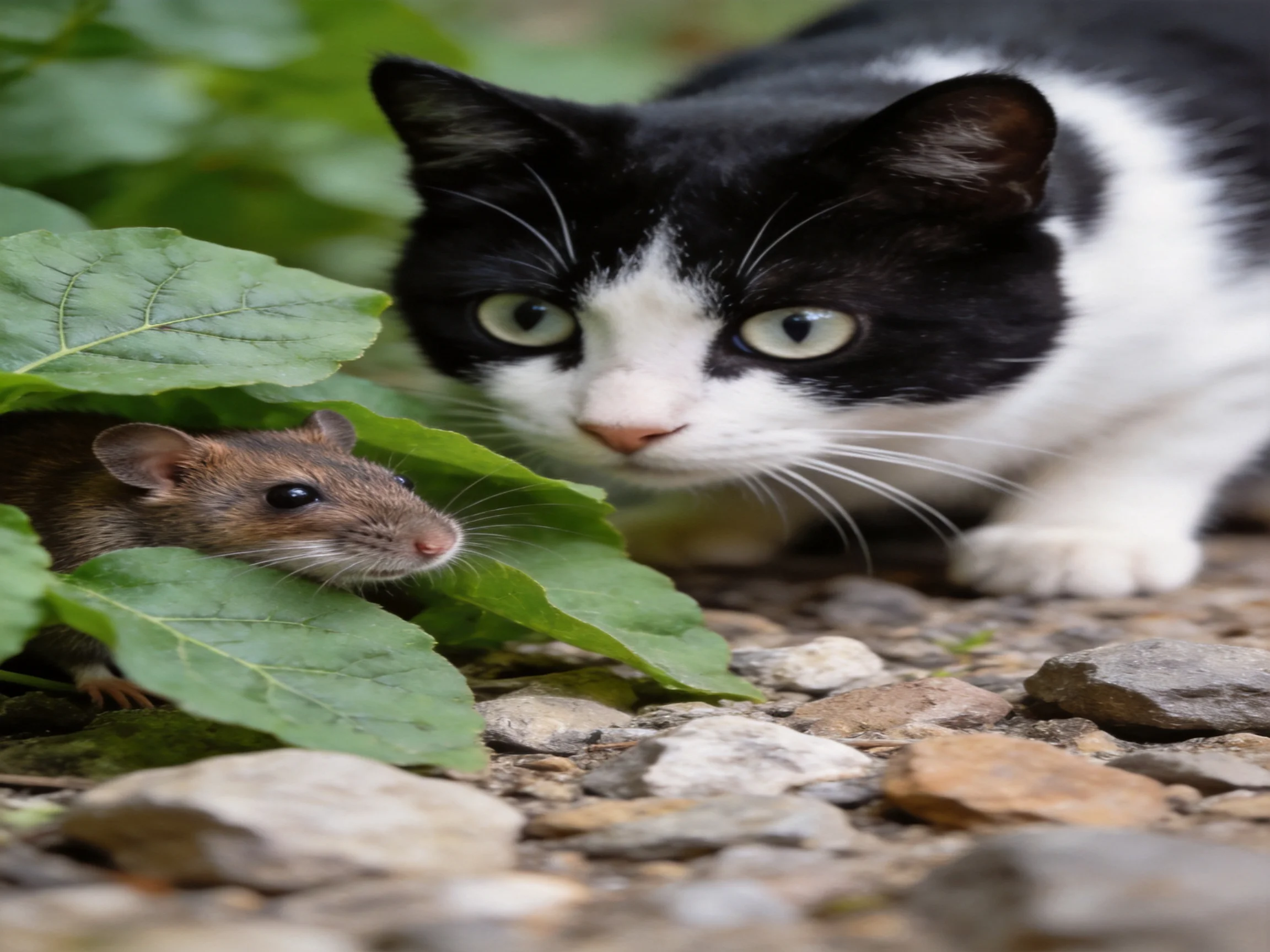 A black - white cat closely observes a brown mouse near large green leaves