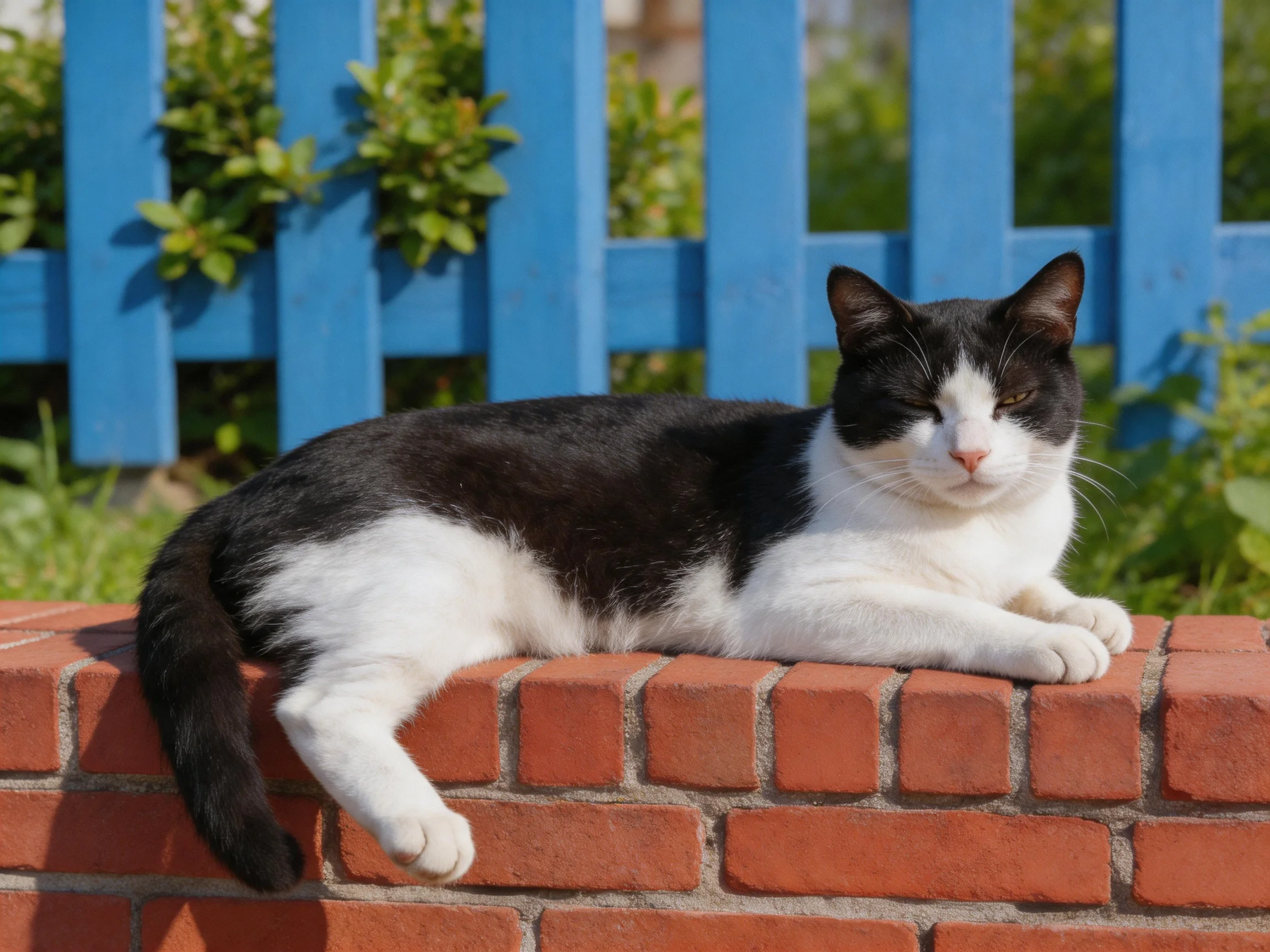 A black - white cat relaxes on a red brick wall beside a blue fence.