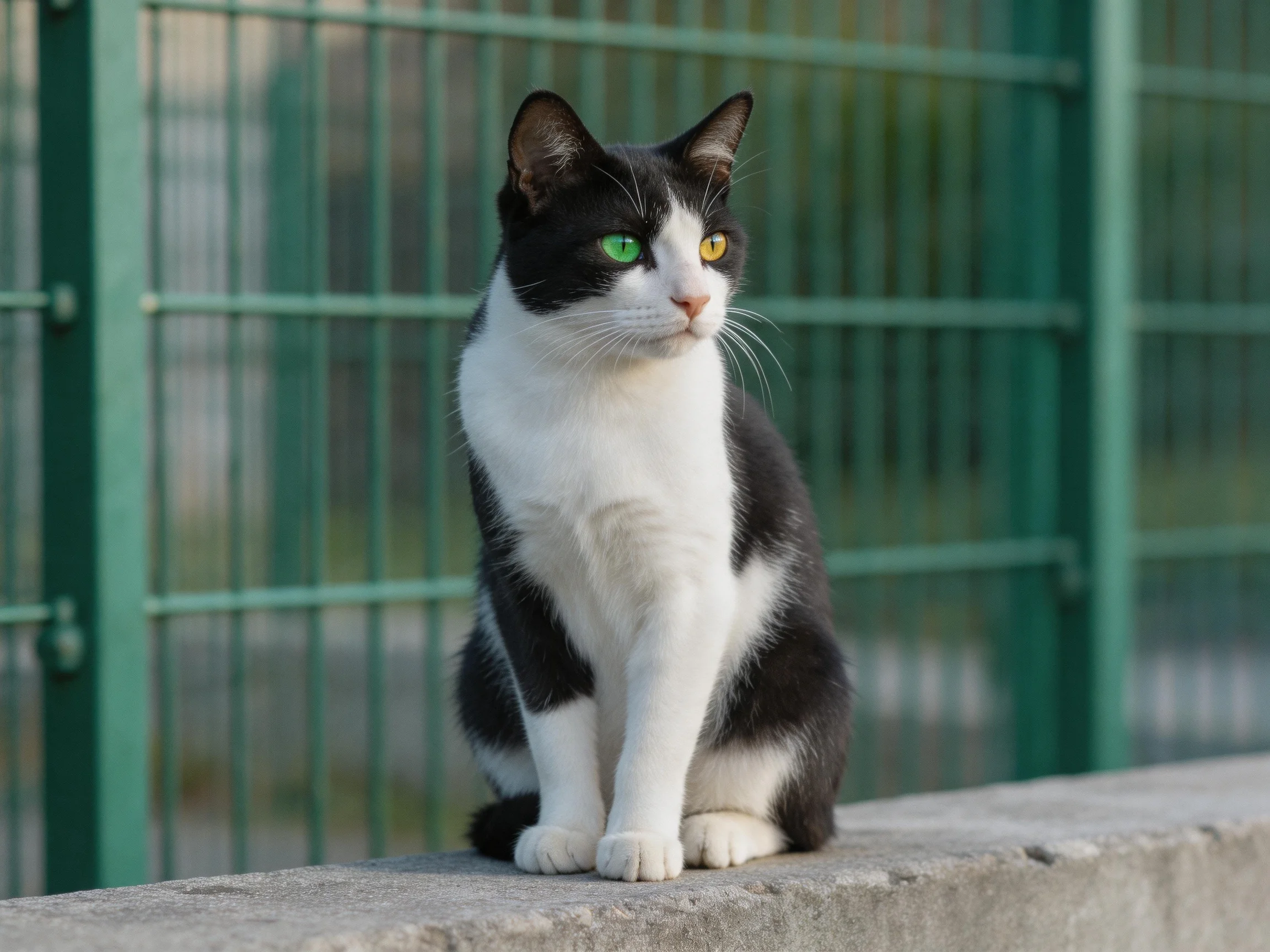 A black - white cat with differently colored eyes sits near a green fence.