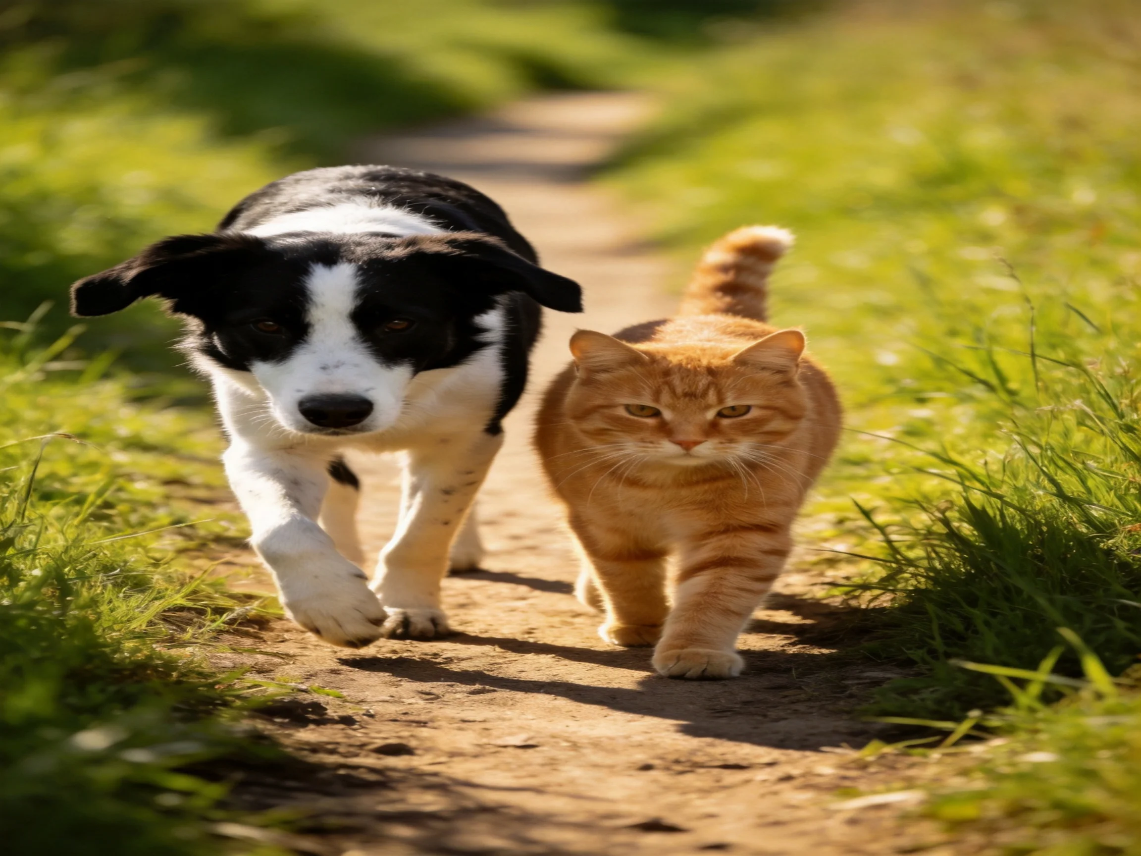 A black - white dog and orange cat walk together on a sunlit dirt path.