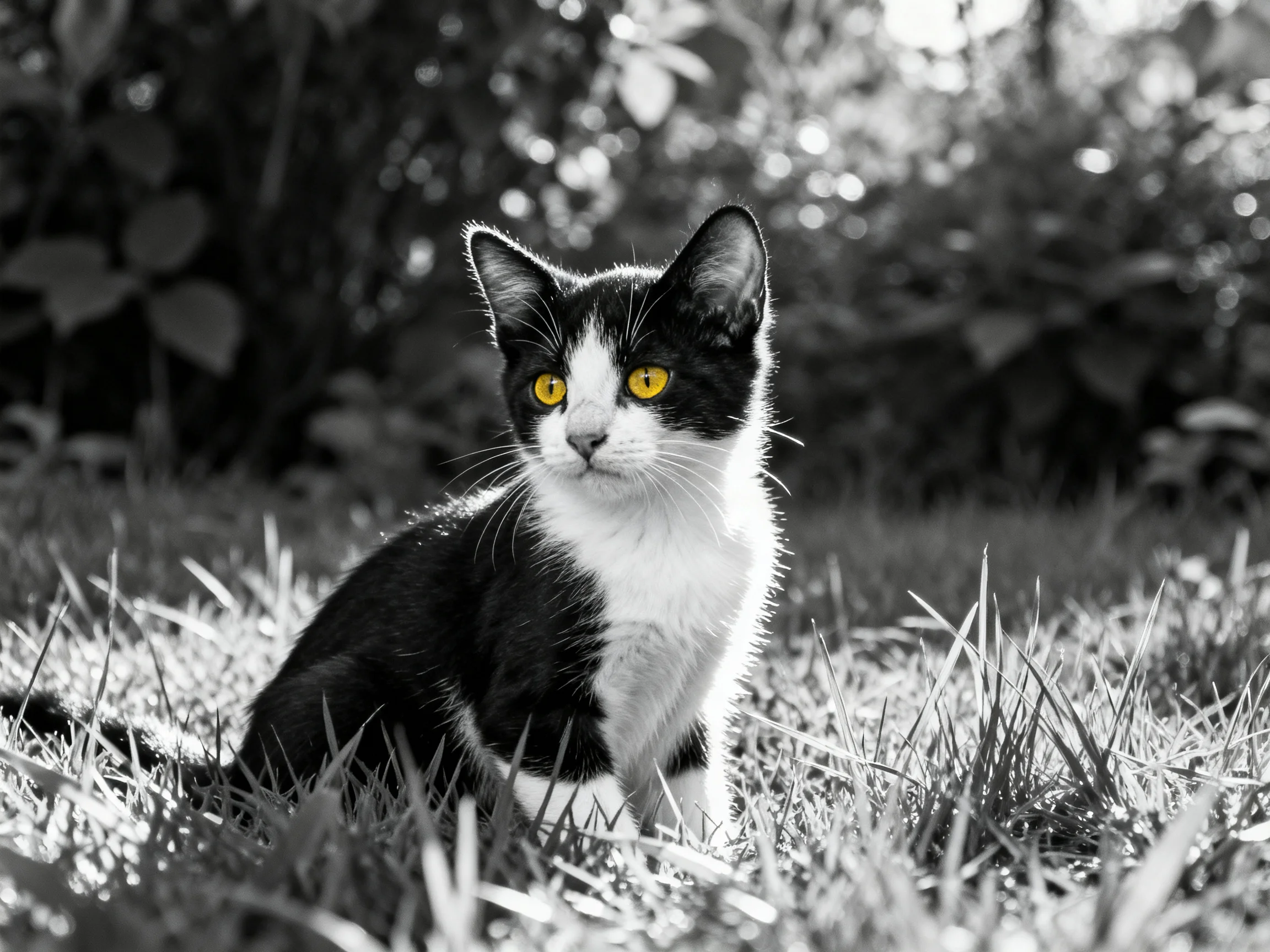 A black - white kitten with striking yellow eyes rests in a sunlit grassy area.