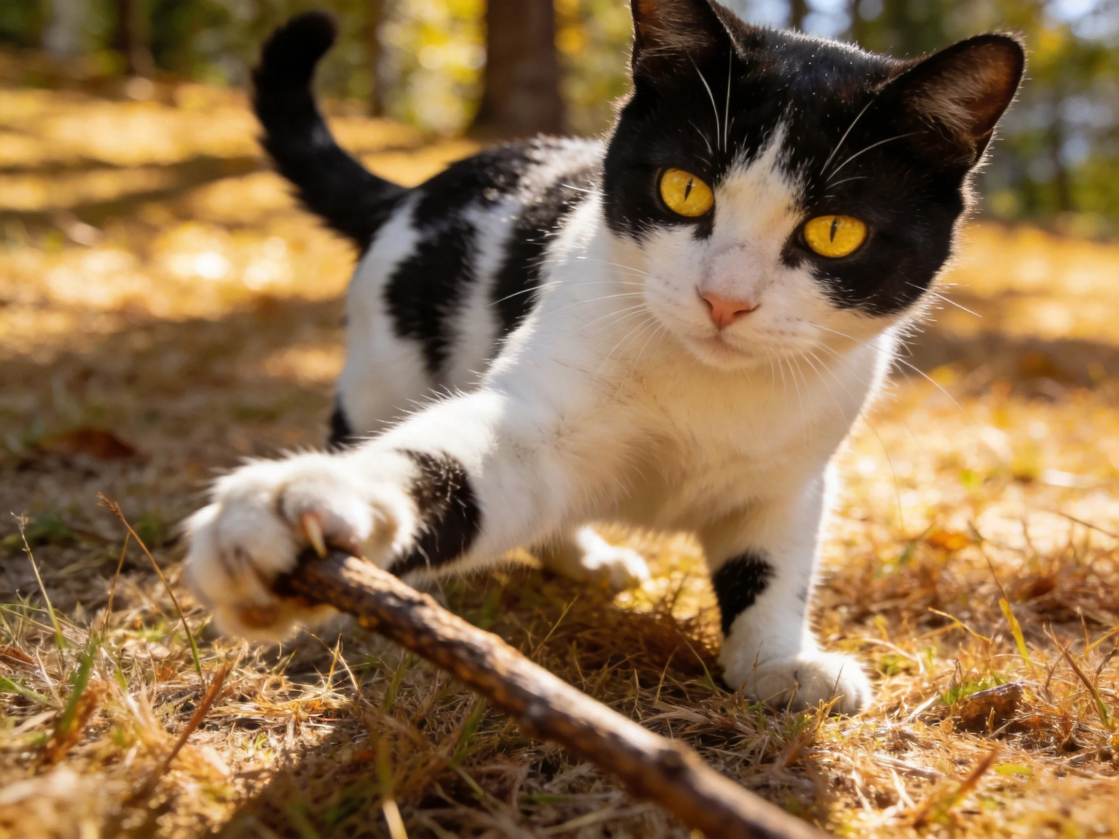 A black- and - white cat plays with a stick in a sunlit forest clearing