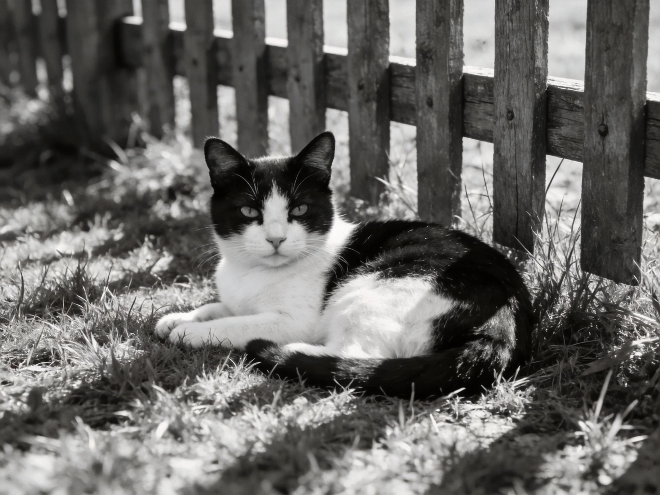 A black - and - white cat relaxes beside a weathered wooden fence on grass.