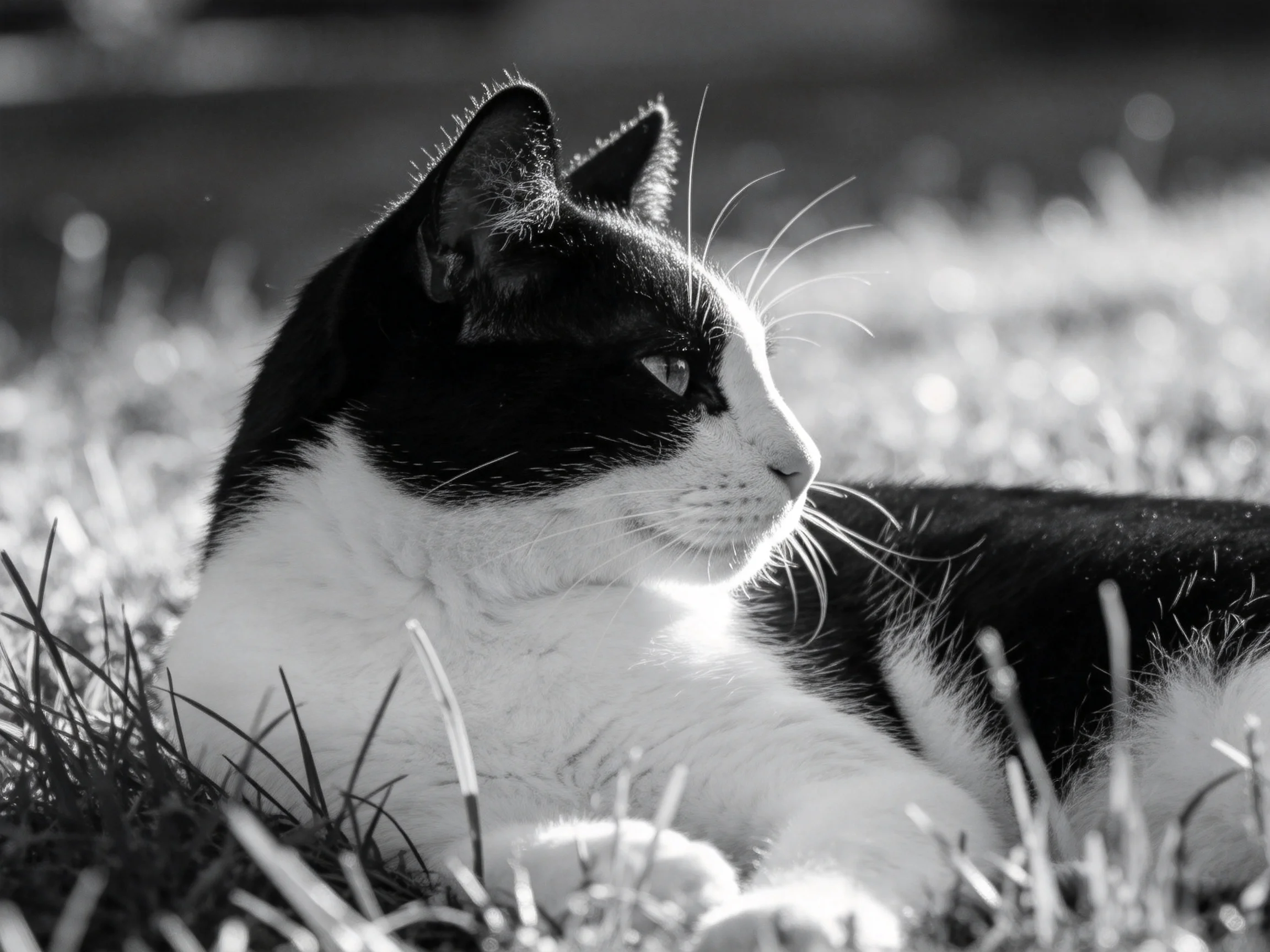 A black --white cat relaxes in sunlit grass blades