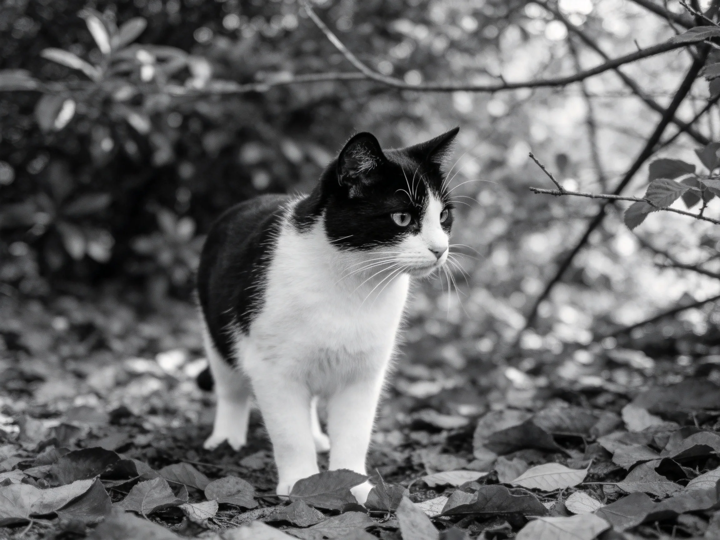 A black --white cat roams through a leaf-filled woodland area