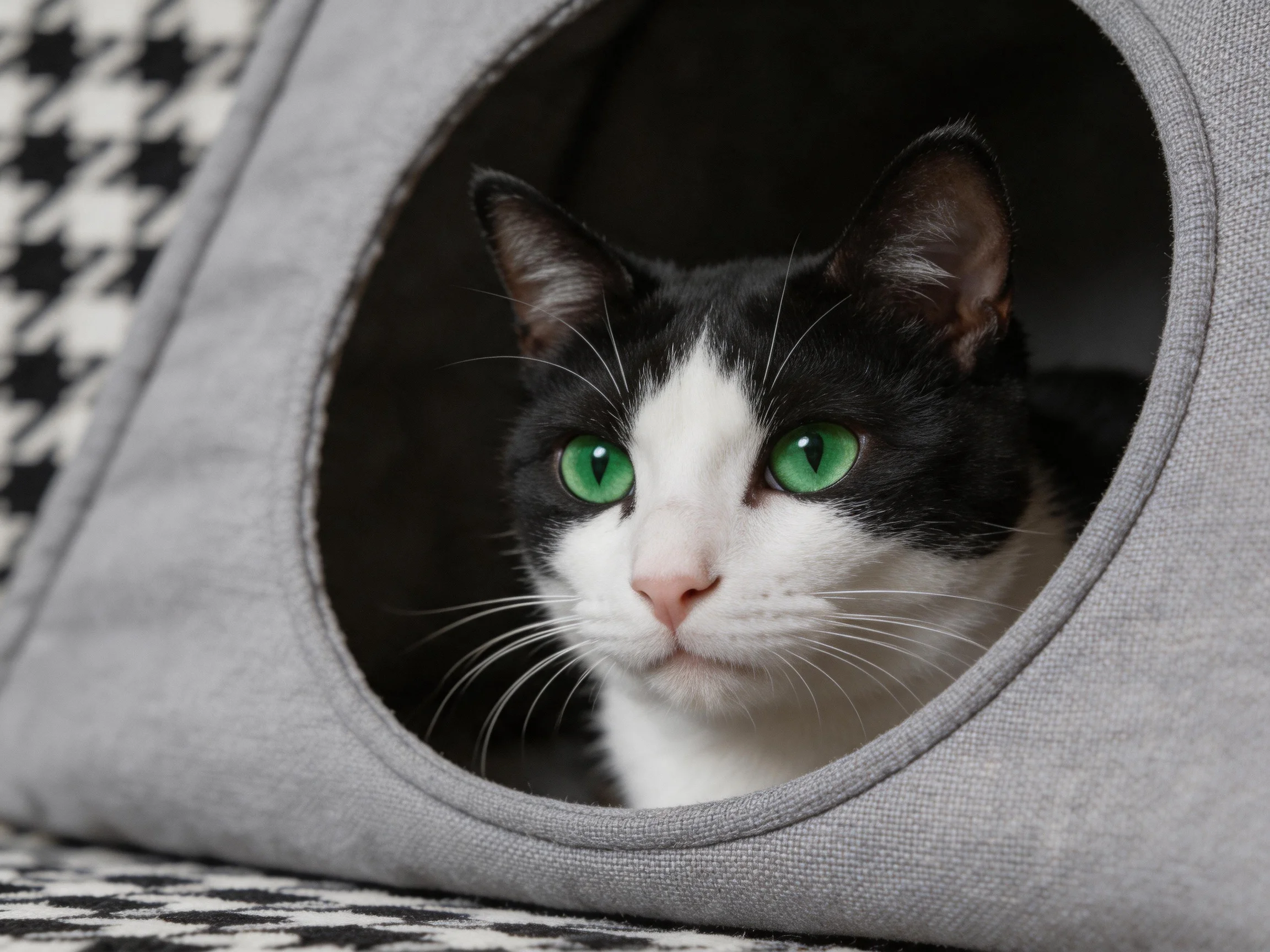 A black --white cat with bright green eyes peeks from a gray pet shelter