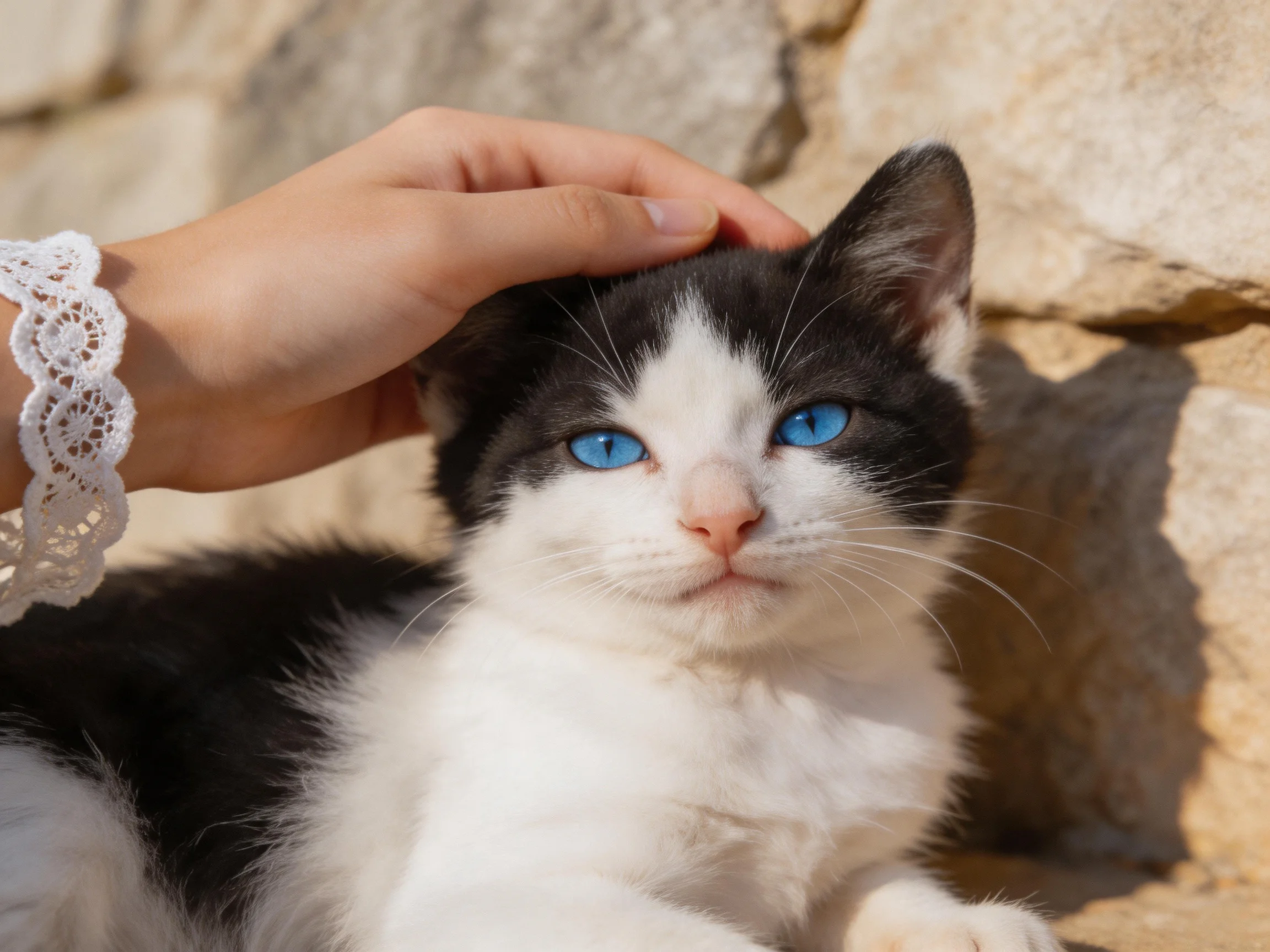 A black --white kitten with bright blue eyes being petted near a stone wall