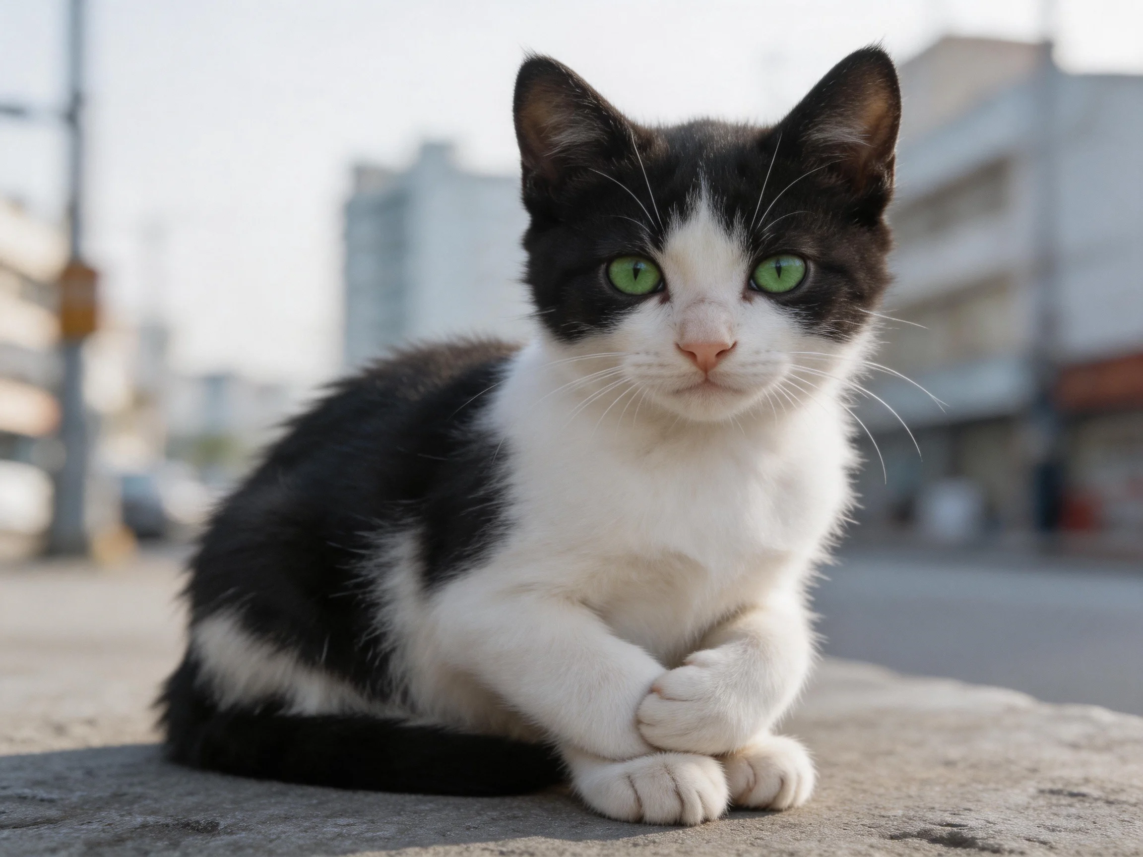 A black --white kitten with bright green eyes sits on a concrete surface