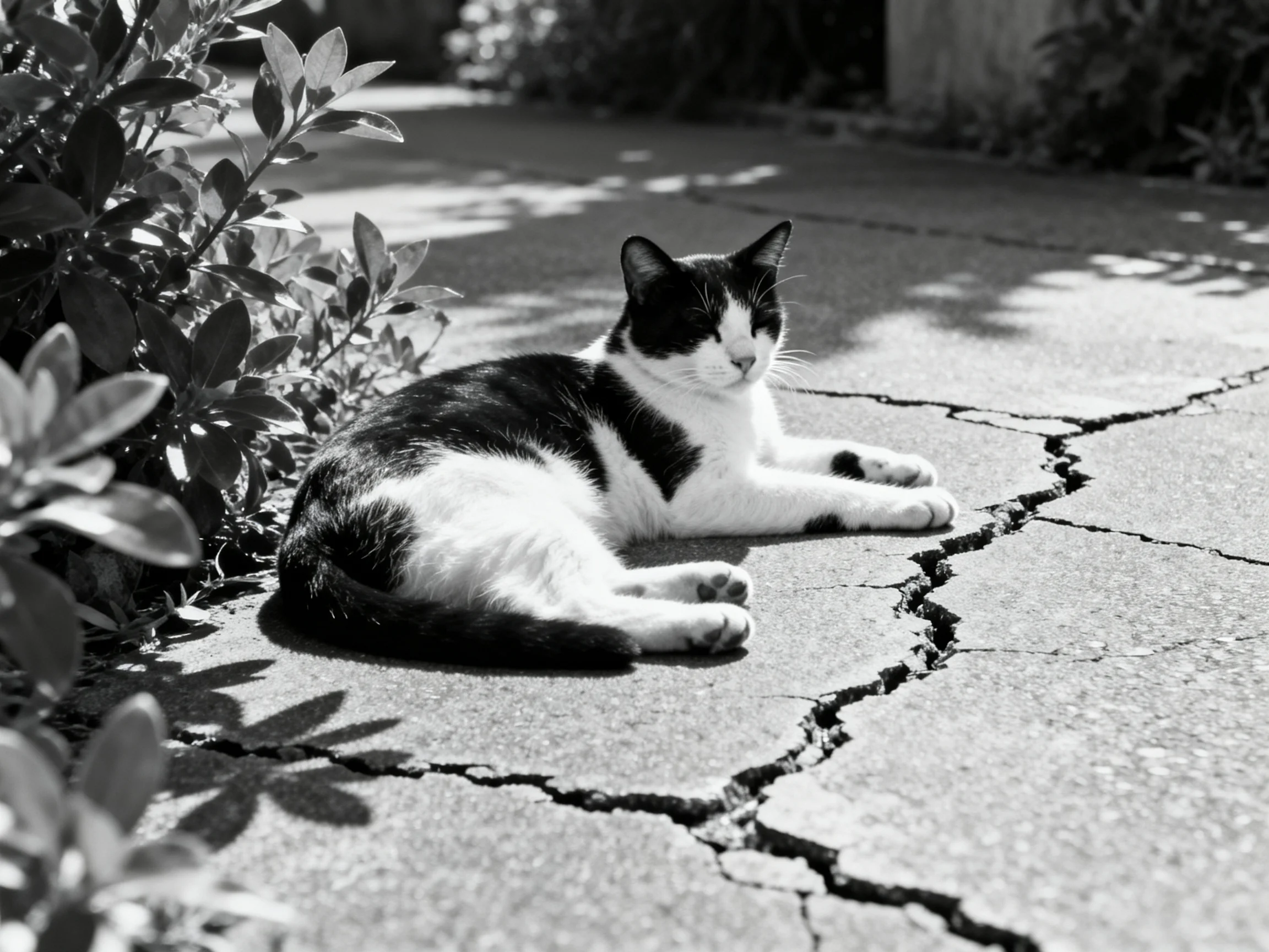 A black-and and - white cat lounges on cracked pavement near leafy bushes