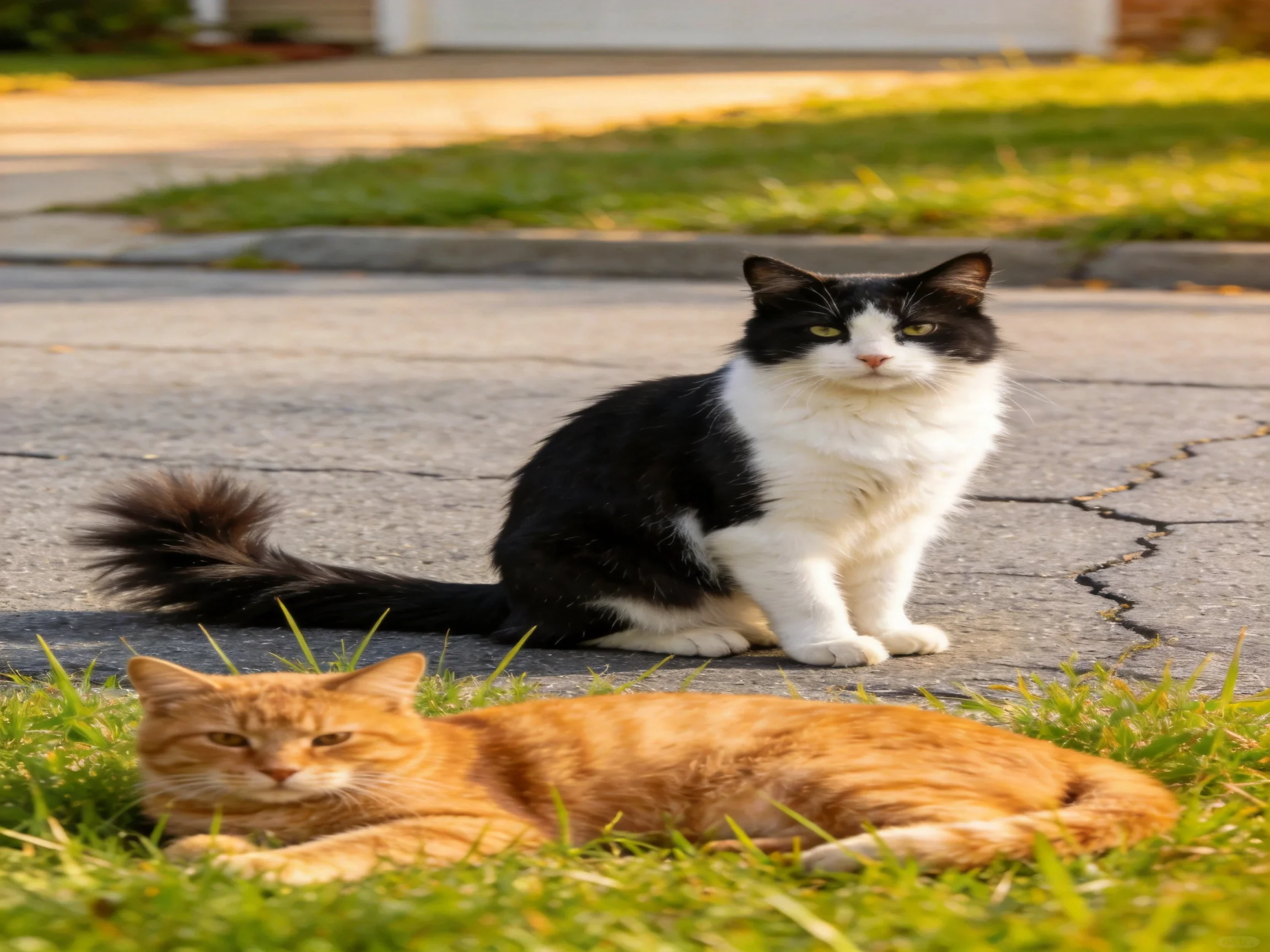 Two cats rest—one on pavement, one on grass—in a sunny neighborhood.