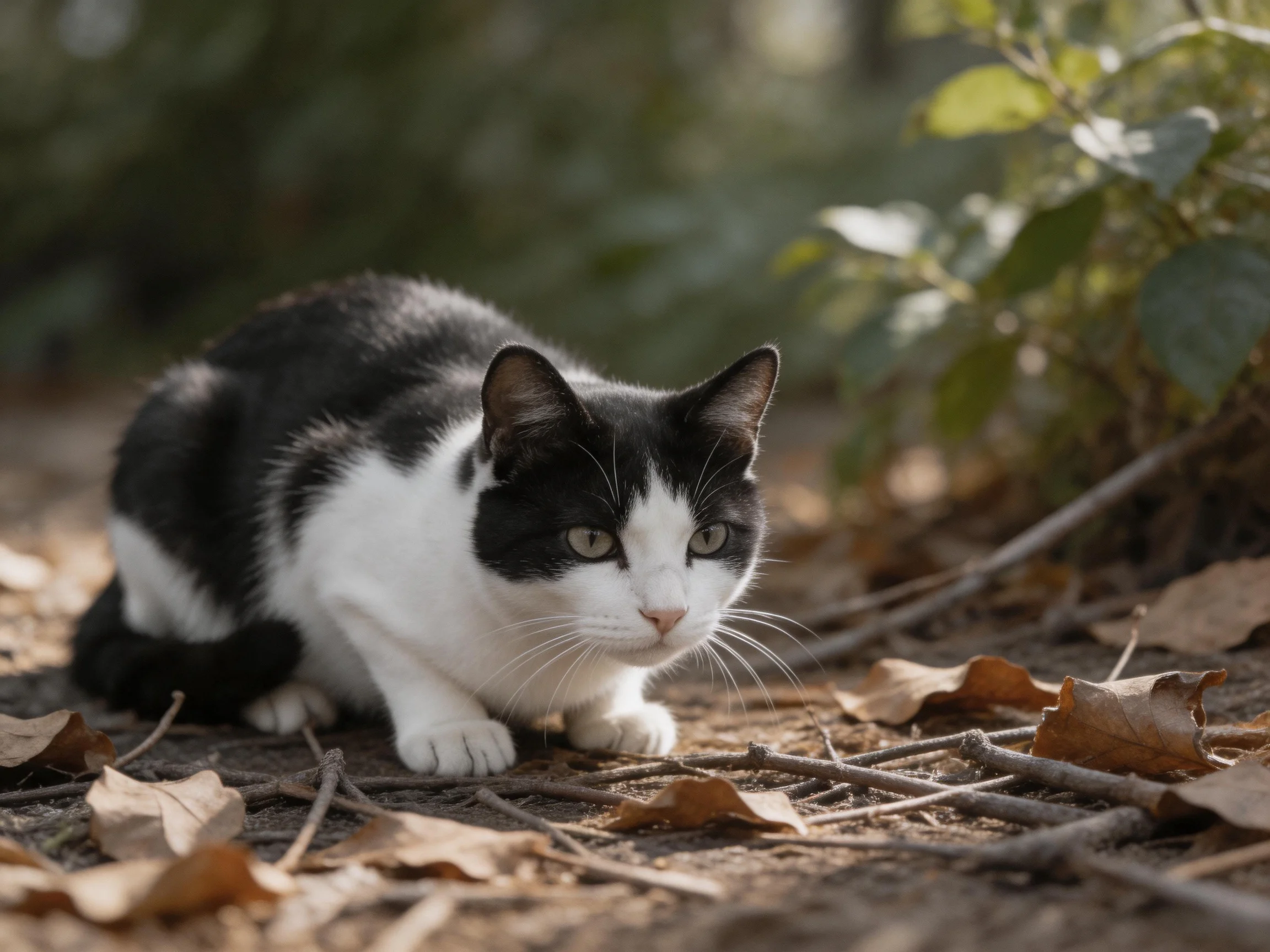 A black-and-white cat crouches among dry leaves and greenery