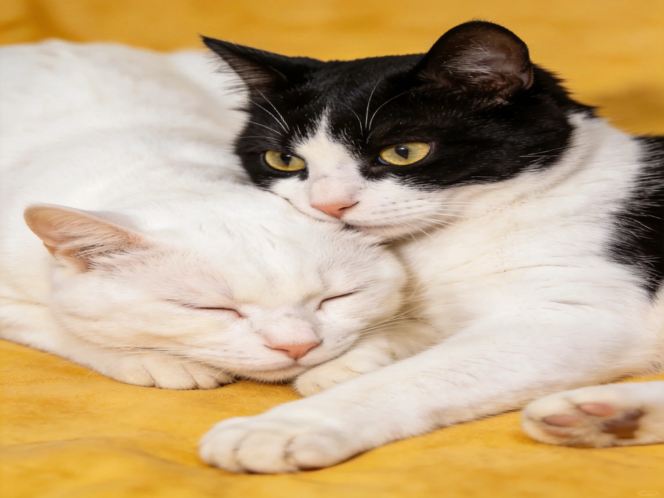 A black and white cat cuddles a solid white cat on a yellow blanket