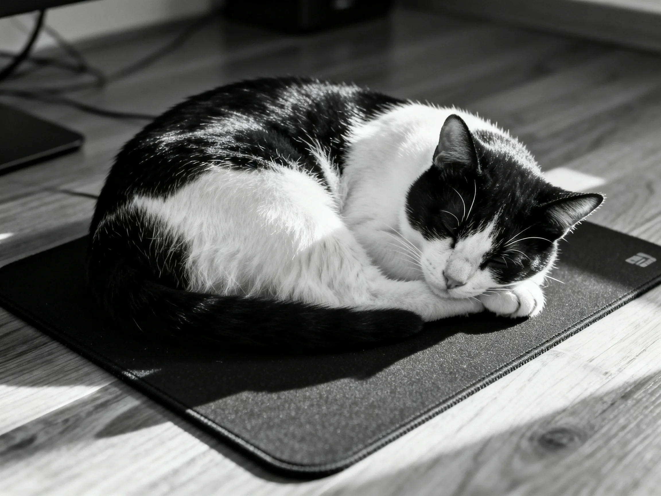 A black and white cat curled up sleeping on a mouse pad