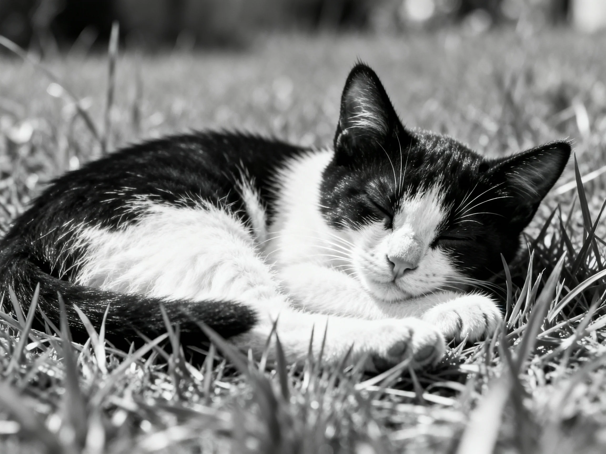 A black-and-white cat curls up asleep in grassy terrain
