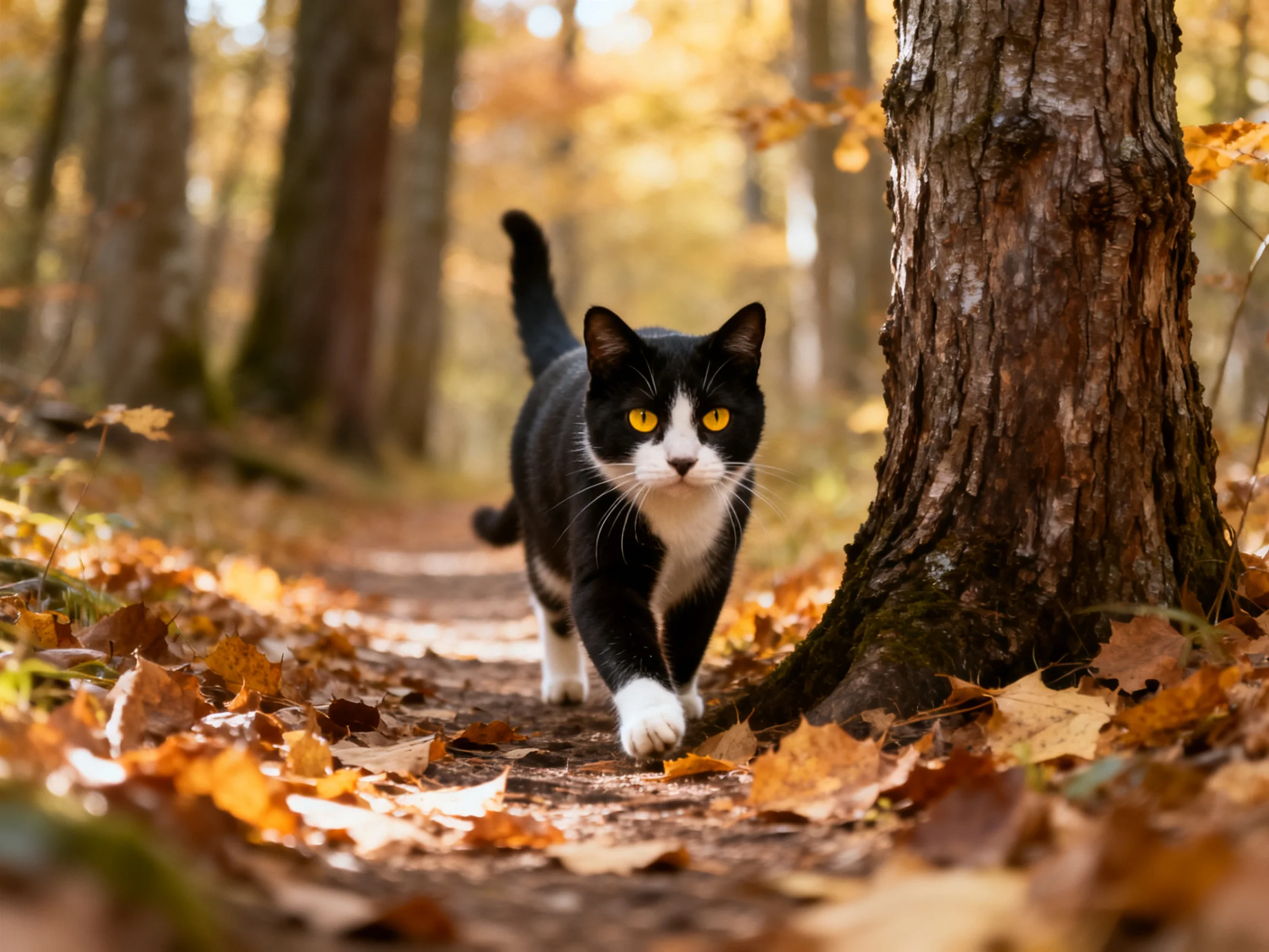A black-and-white cat explores a leaf-strewn forest path