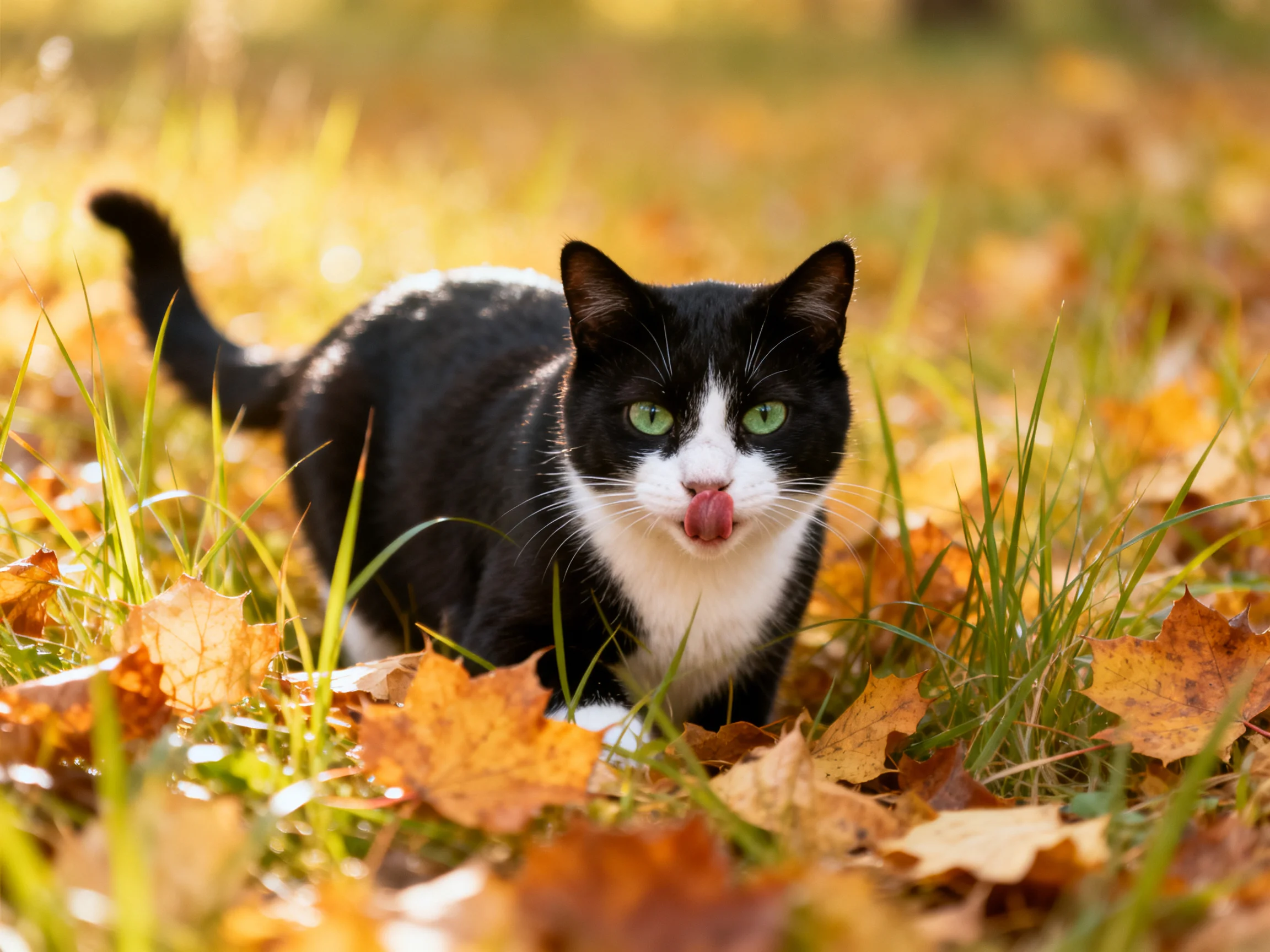 A black-and-white cat explores golden autumn leaves in lush green grass