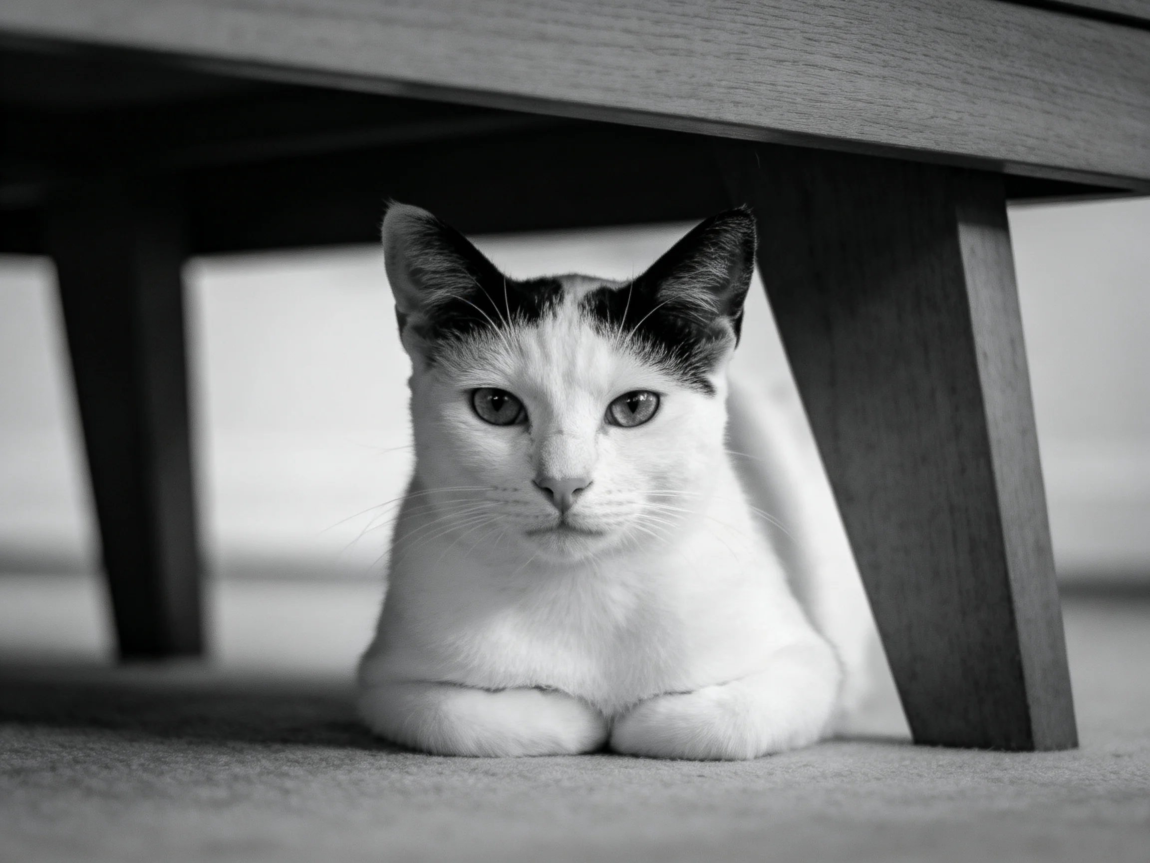 A black-and-white cat hides beneath wooden furniture on a carpeted floor