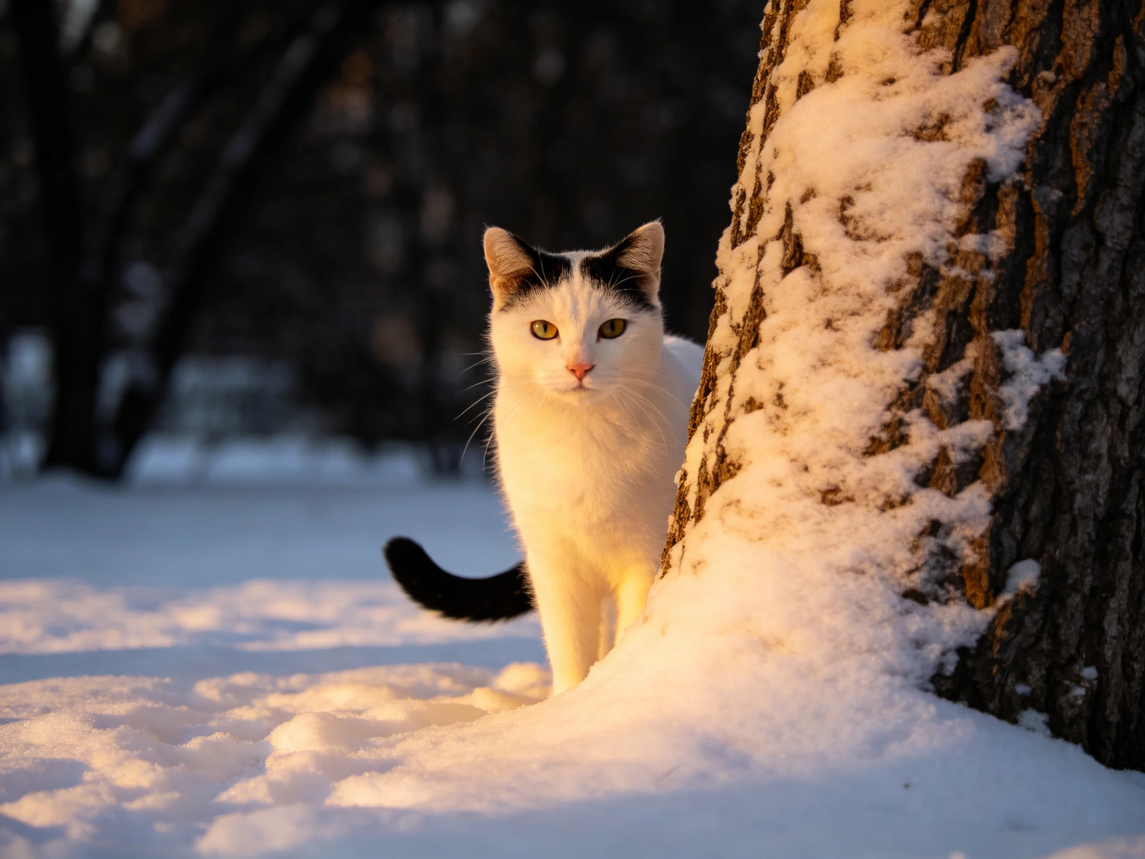 A black-and-white cat hides by a snow-covered tree in winter light