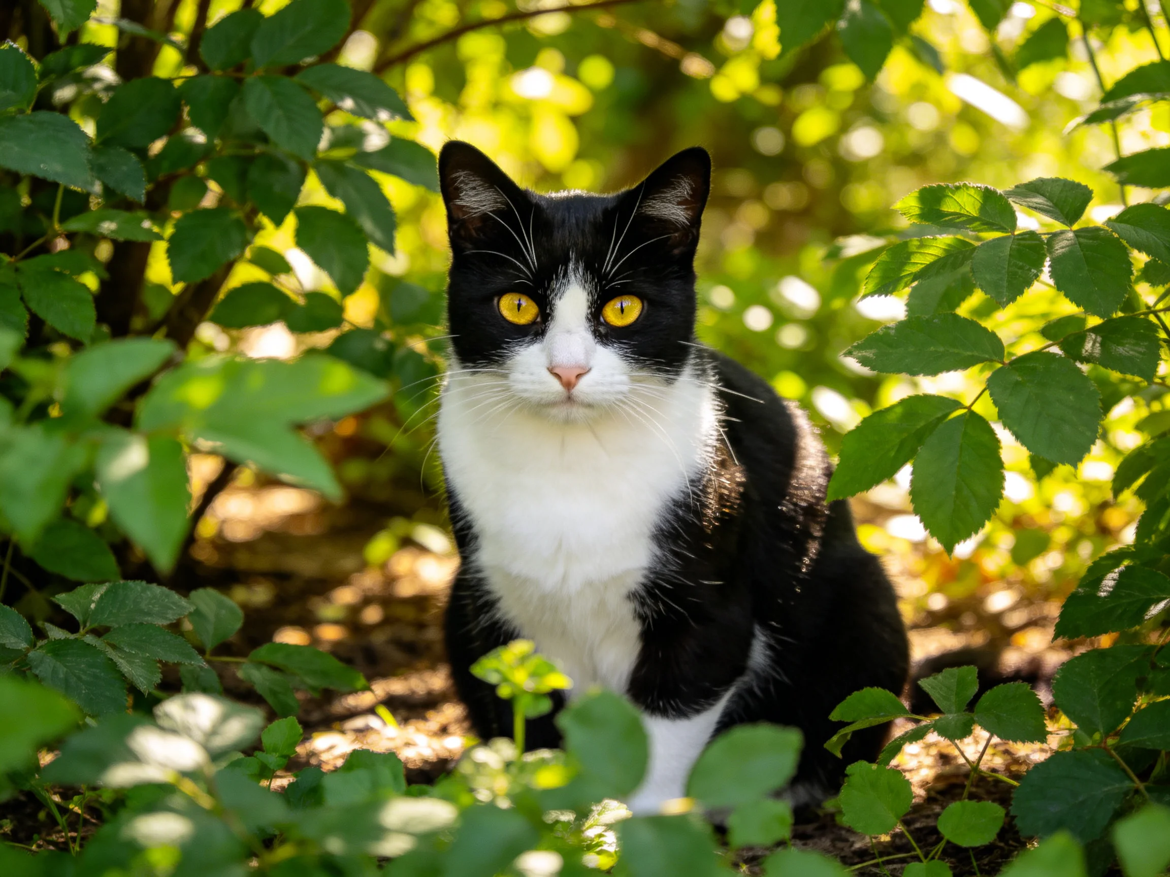 A black and white cat is among dense green plants in a sunlit area.