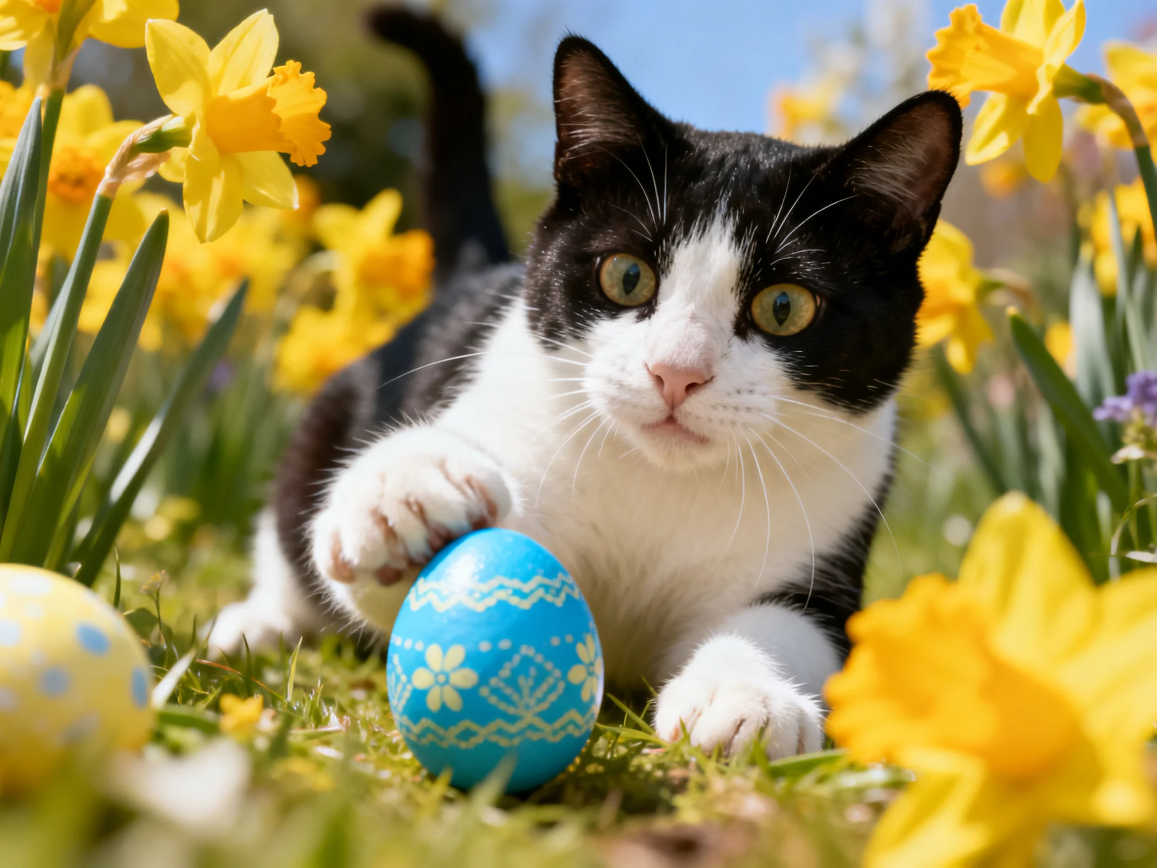 A black-and-white cat interacts with Easter eggs amid vibrant yellow daffodils