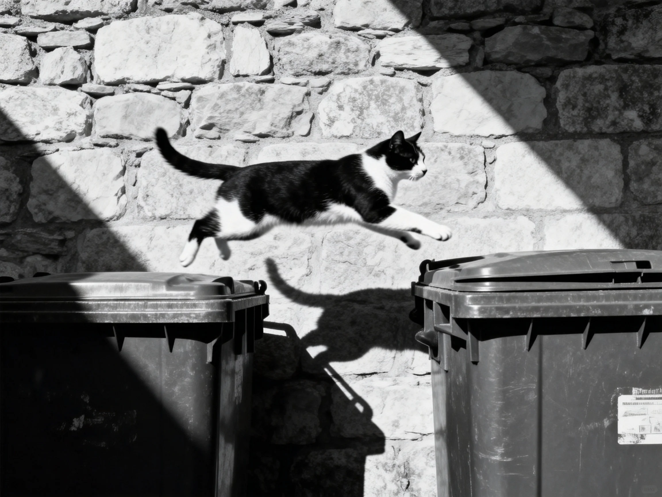 A black-and-white cat jumps between two trash bins beside a stone wall