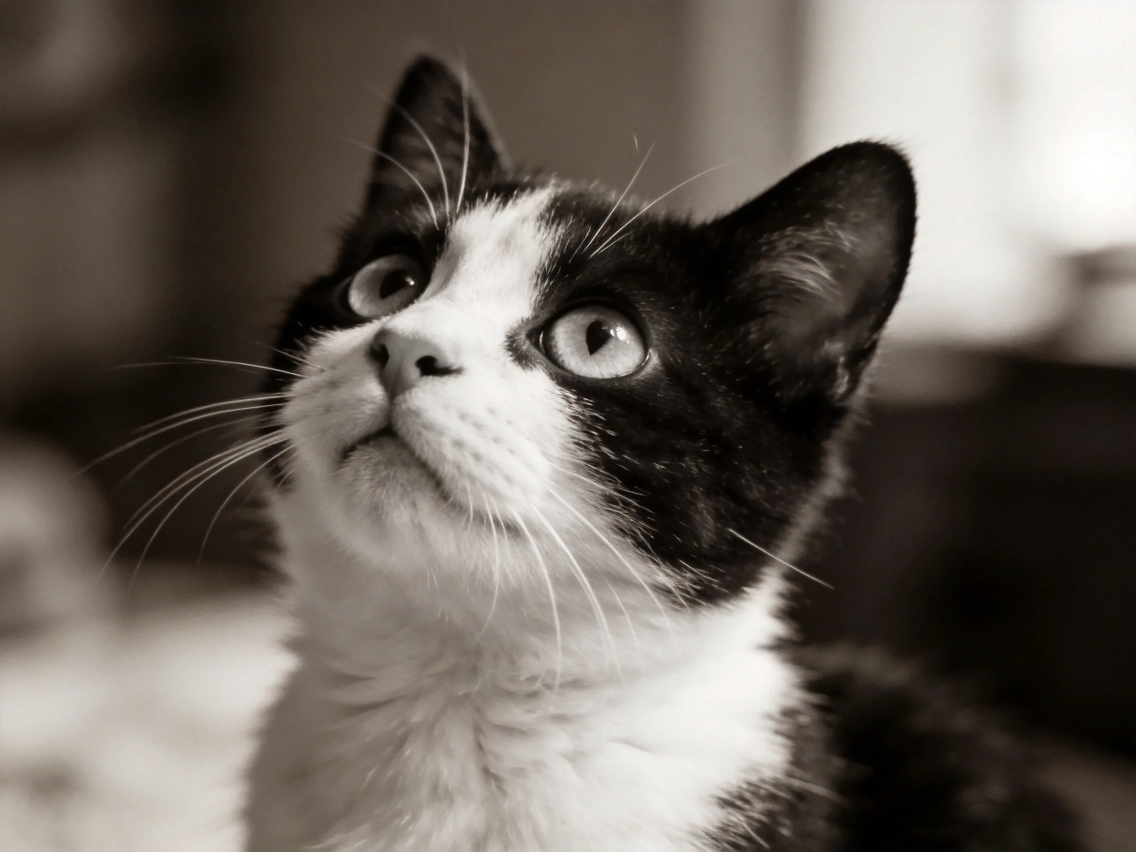 A black and white cat looks upward with wide eyes