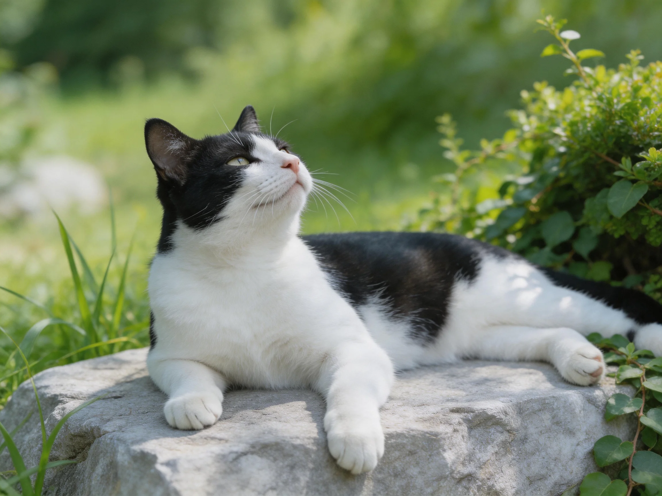 A black-and-white cat relaxes on a stone in a sunlit outdoor setting.