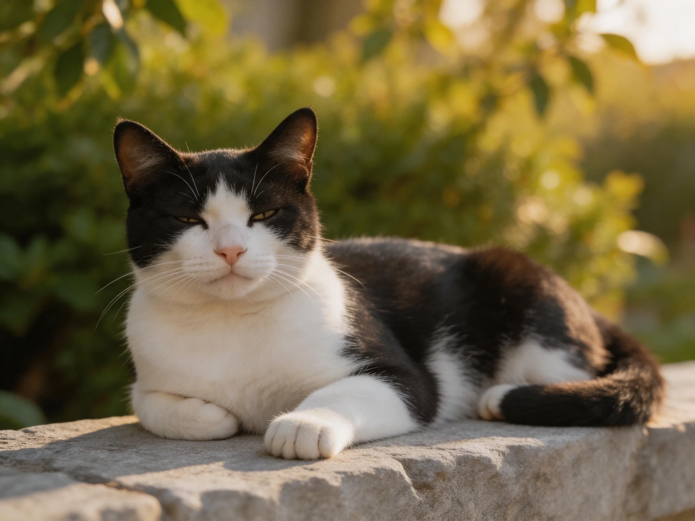 A black and white cat relaxes on a stone ledge in a sunlit area with greenery