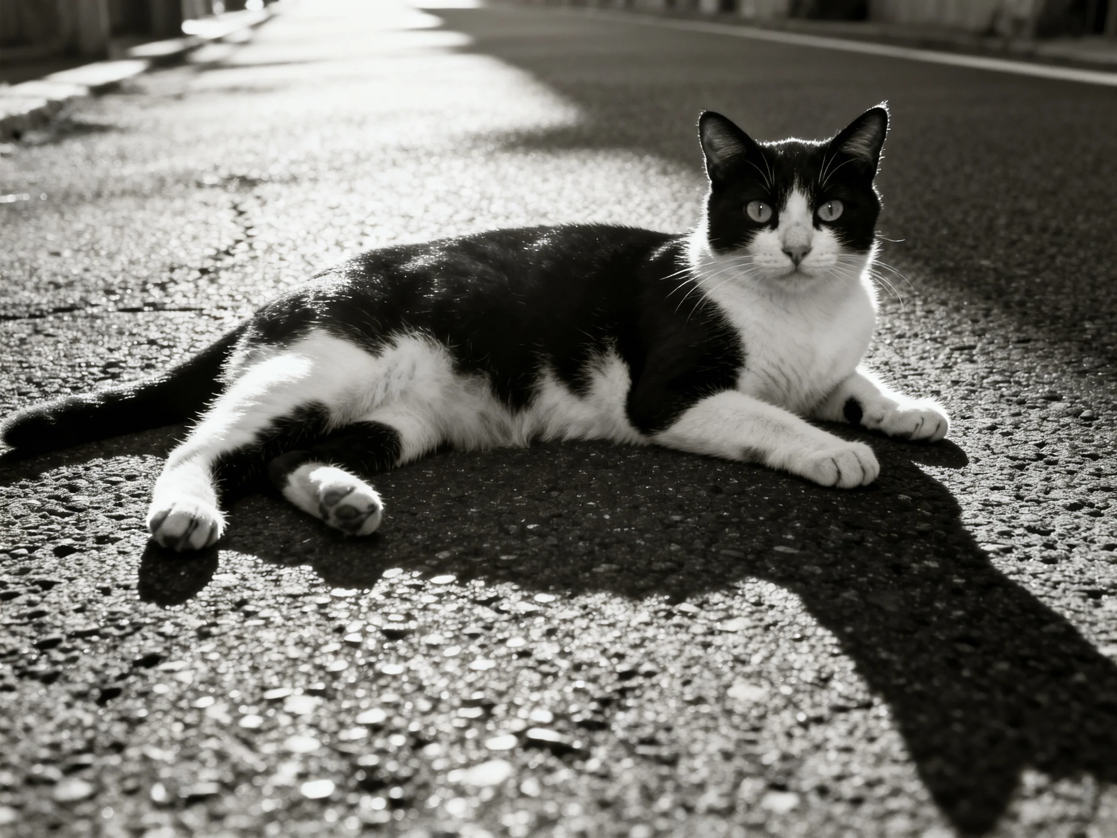 A black and white cat relaxes on a sunlit street.