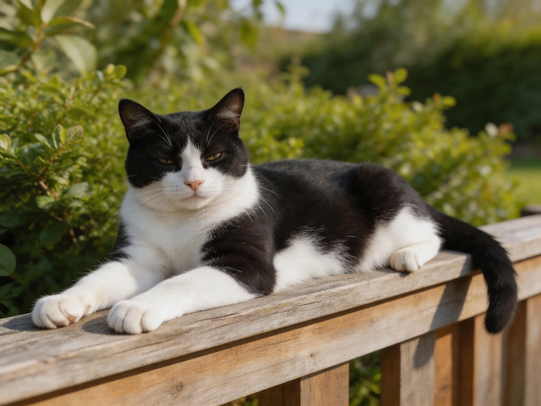 A black and white cat relaxes on a wooden fence in a sunlit garden.