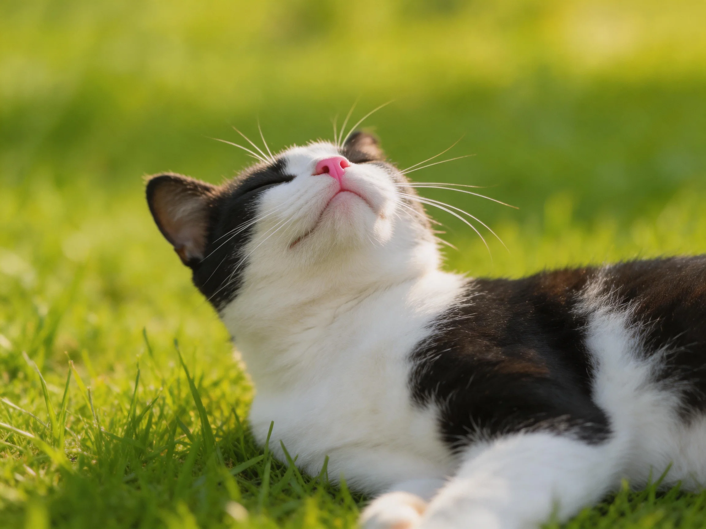 A black-and-white cat relaxes on green grass under sunlight